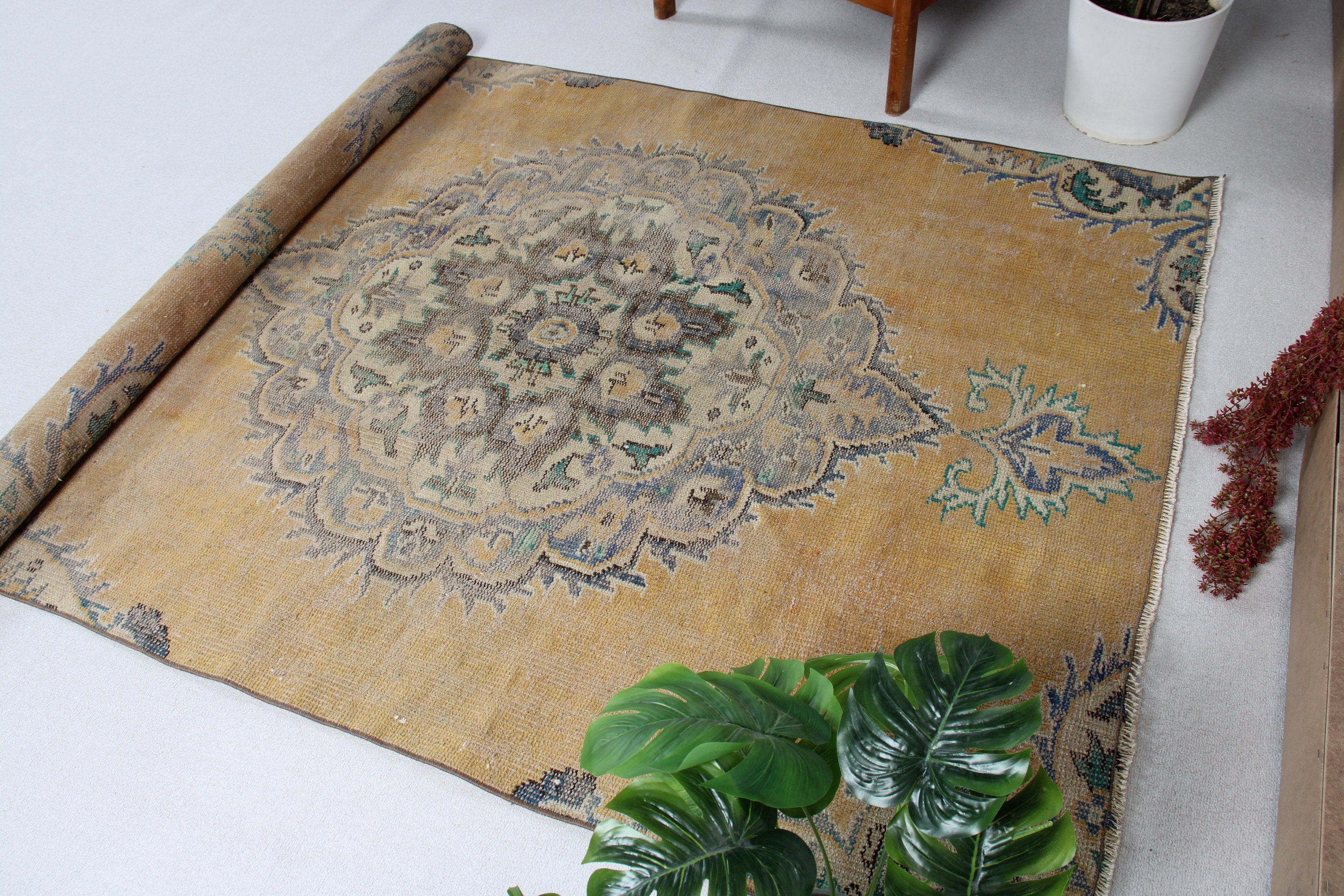 Düz Dokuma Halı, Türk Halıları, Egzotik Halı, Oushak Alan Kilimi, Vintage Halılar, Sarı Geometrik Halı, Yatak Odası Halıları, Boho Halı, 4,9x7,3 ft Alan Halıları