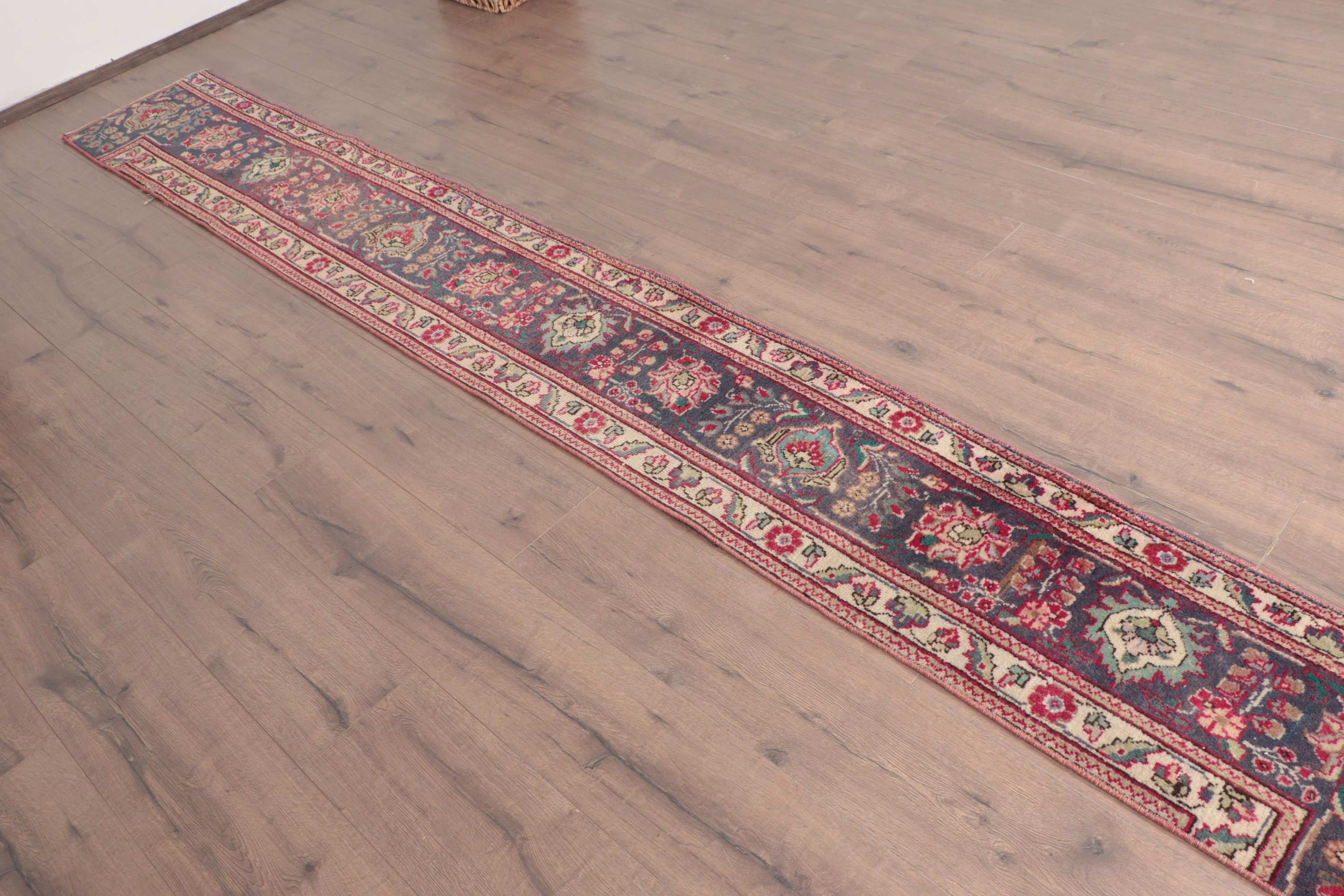 Vintage Rug, Rugs for Hallway, Turkish Rug, Kitchen Rug, Oushak Rug, Antique Rug, Hallway Rug, 1.3x10.5 ft Runner Rug, Blue Geometric Rugs