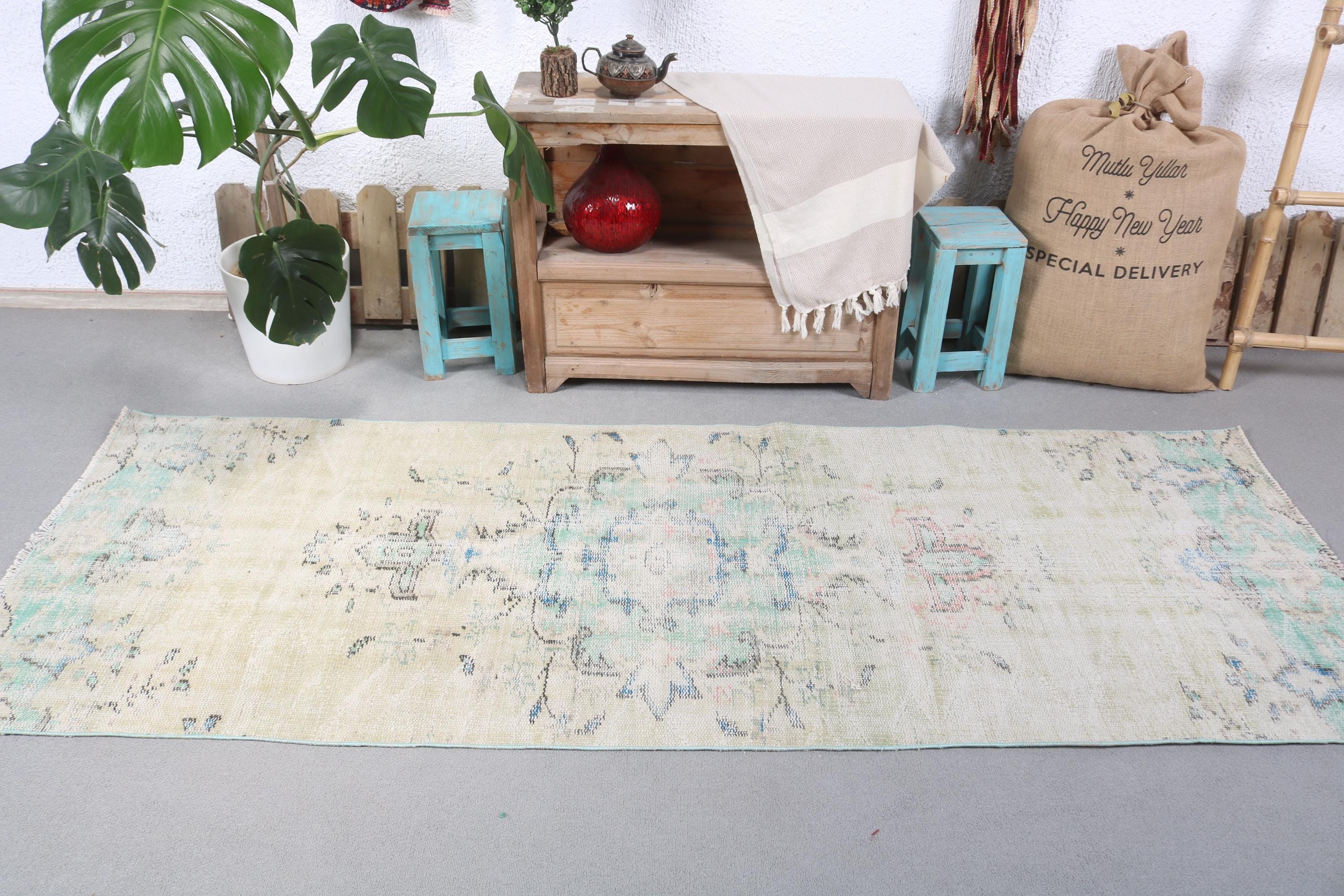 Vintage Runner Halıları, Vintage Halılar, 2,9x7,9 ft Runner Halısı, Boho Halısı, Oryantal Halısı, Türk Halısı, Bej Geometrik Halıları, Yer Halısı, Mutfak Halısı