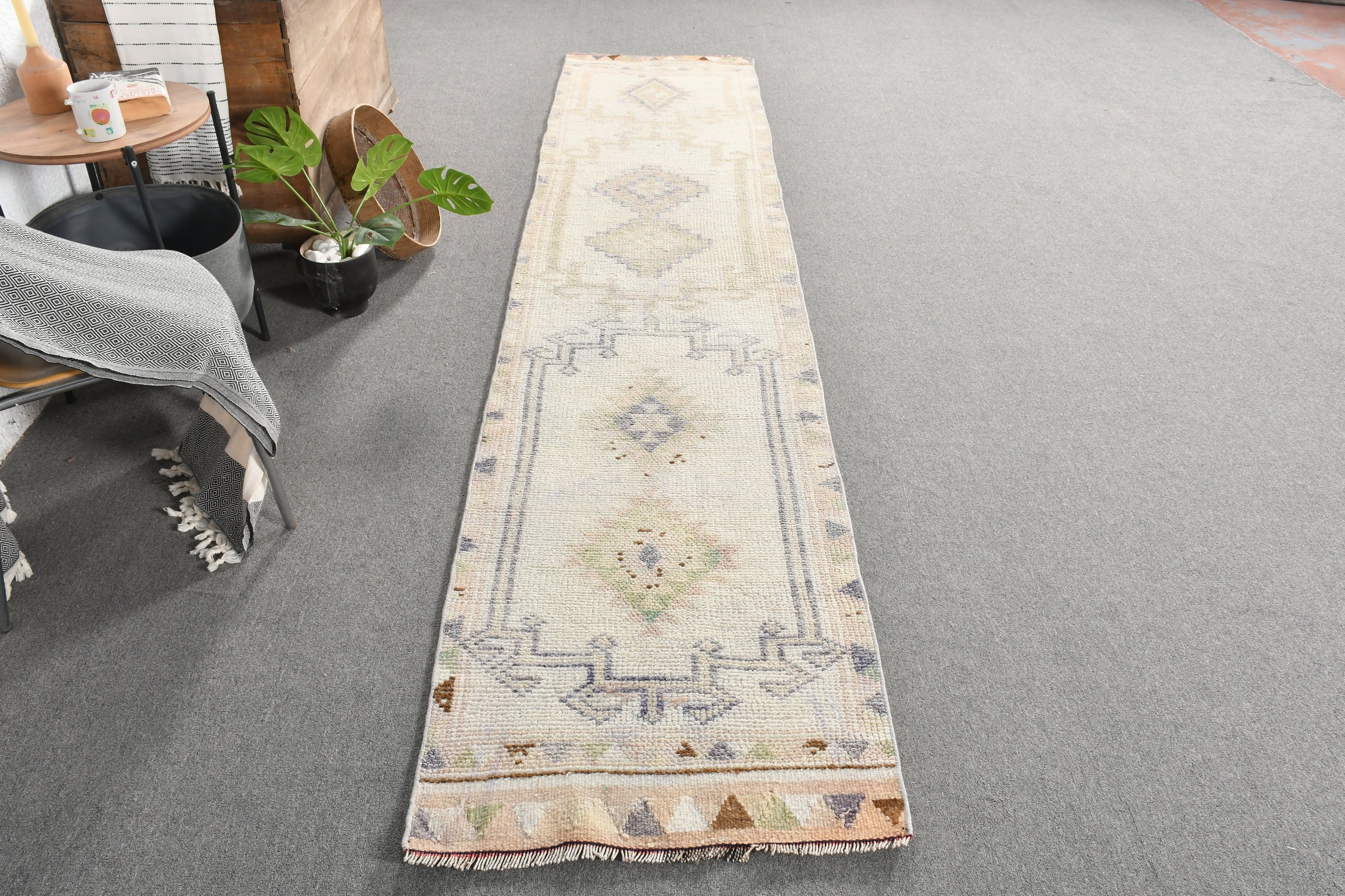 2.4x11.5 ft Runner Rug, Stair Rug, Rugs for Hallway, Turkish Rug, Bedroom Rug, White Wool Rugs, Vintage Rugs, Hallway Rug