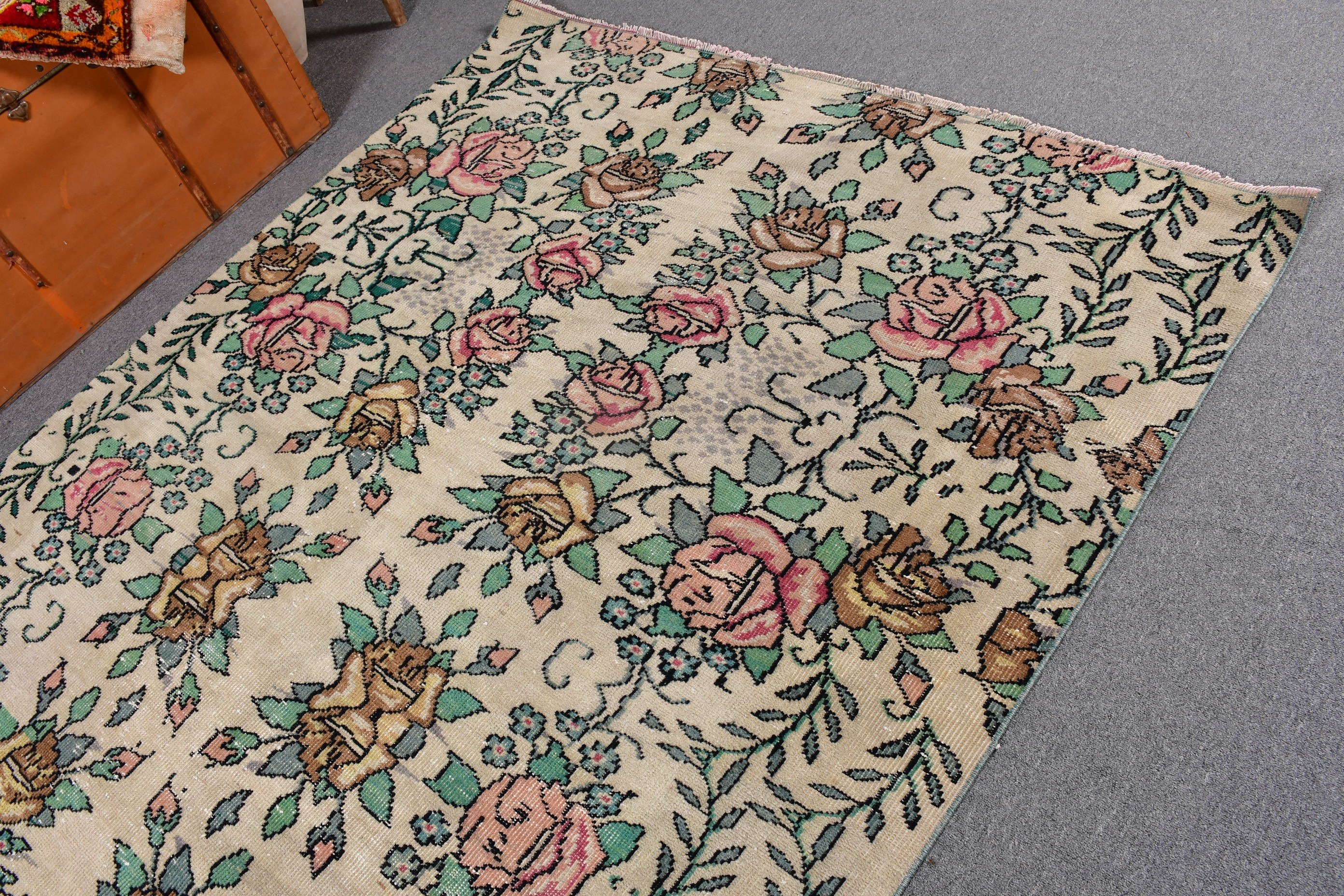 Salon Halısı, Büyük Vintage Halı, Vintage Halılar, Bej 5.3x8.6 ft Büyük Halı, El Dokuma Halı, Türk Halıları, Bohem Halıları, Havalı Halı