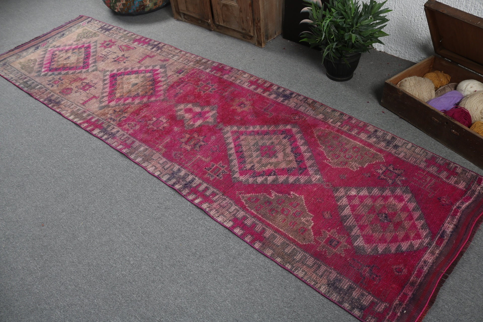 Oriental Rugs, Turkish Rug, Turkey Rug, Pink Geometric Rug, Bohemian Rug, Hallway Rugs, Kitchen Rugs, 2.8x10.4 ft Runner Rugs, Vintage Rugs