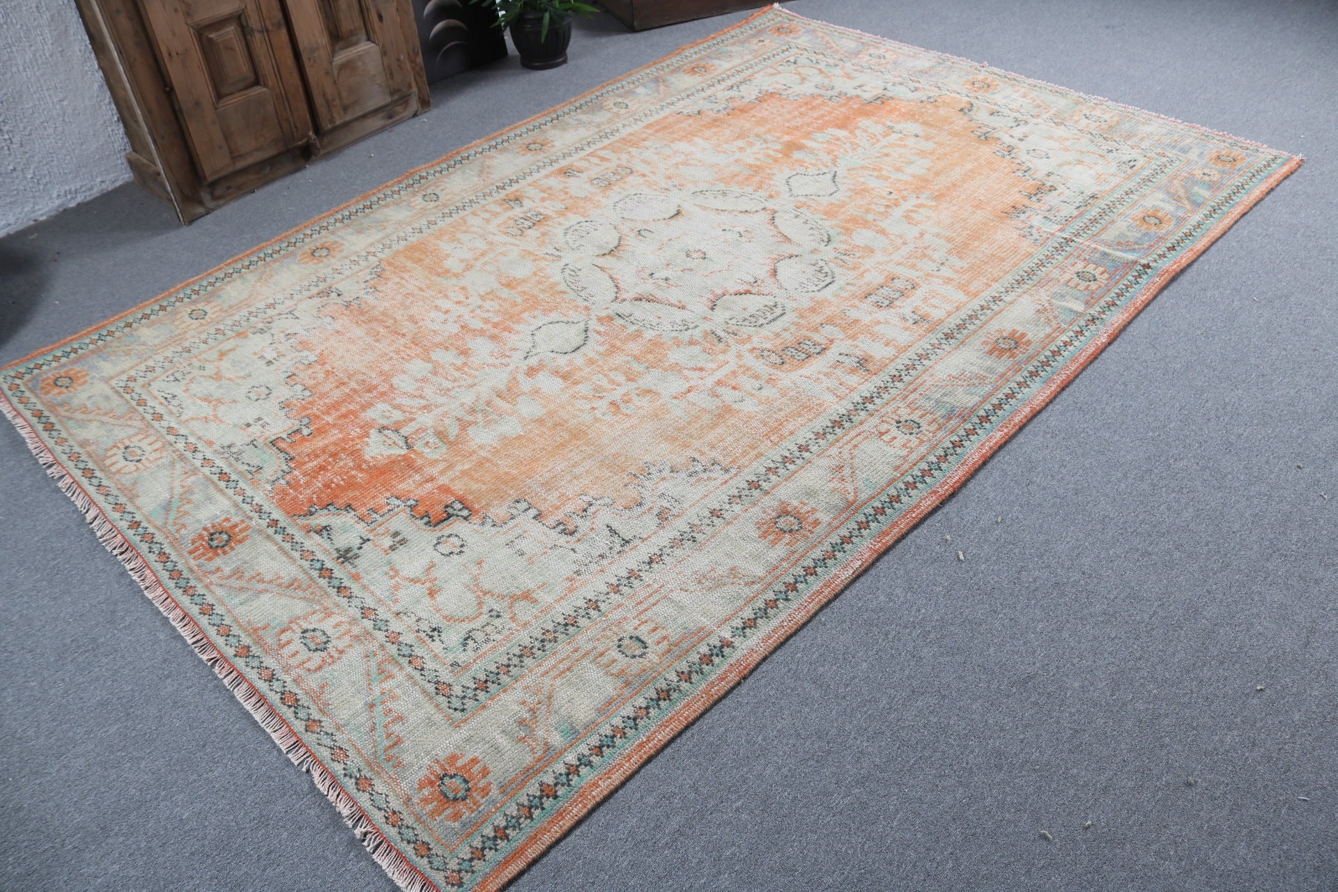 Turkish Rugs, Neutral Rug, Living Room Rugs, Orange Anatolian Rugs, Geometric Rug, 5.9x9.1 ft Large Rugs, Vintage Rug, Salon Rugs