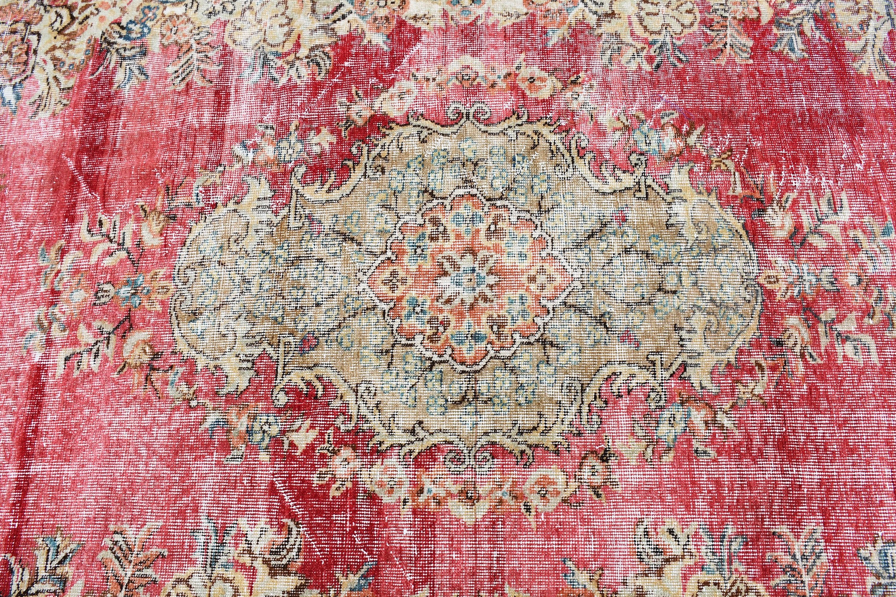 Kırmızı 6.4x9.9 ft Büyük Halı, Yemek Odası Halıları, Salon Halısı, Yer Halıları, Yün Halı, Vintage Halı, Yemek Odası Halısı, Türk Halıları