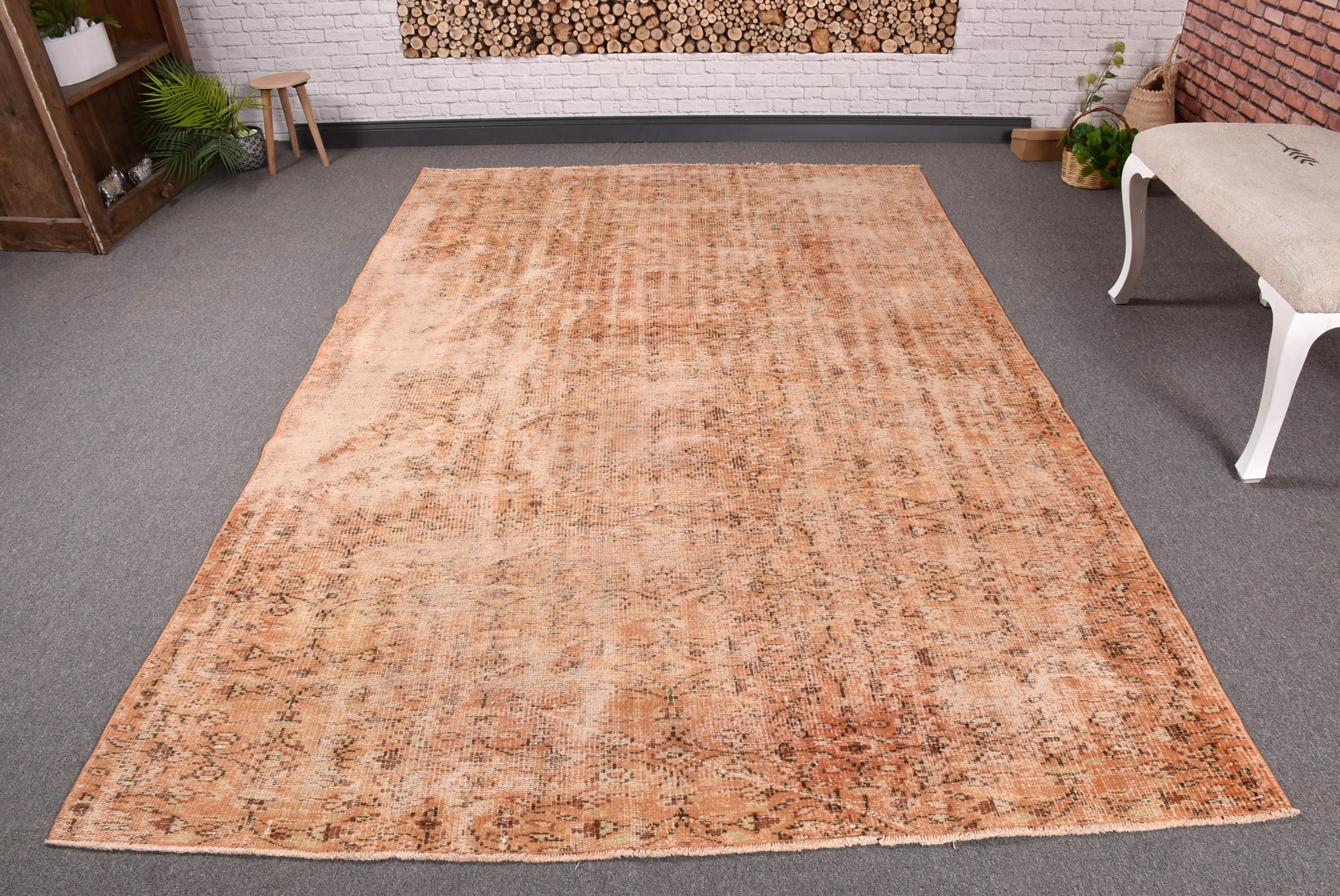 Turuncu Mutfak Halısı, Salon Halısı, 5,7x8,8 ft Büyük Halılar, Büyük Boho Halıları, Havalı Halı, Vintage Halı, Türk Halıları, Oryantal Halı, Salon Halıları