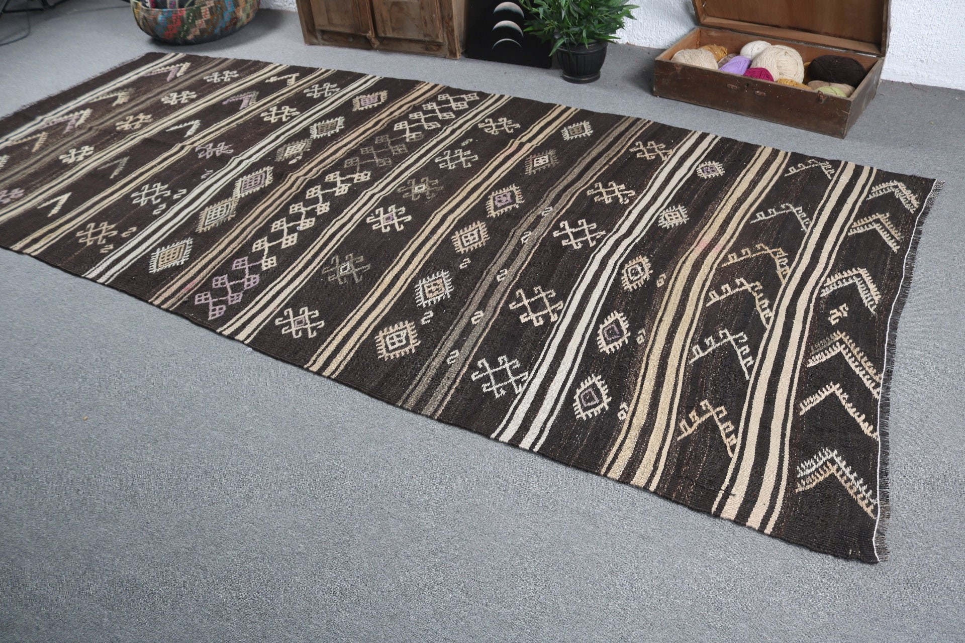 Boho Halı, Yatak Odası Halısı, Türk Halısı, Siyah Oushak Halısı, 5.1x12.1 ft Büyük Halılar, Büyük Oushak Halıları, Kilim, Vintage Halılar, Açıklama Halıları