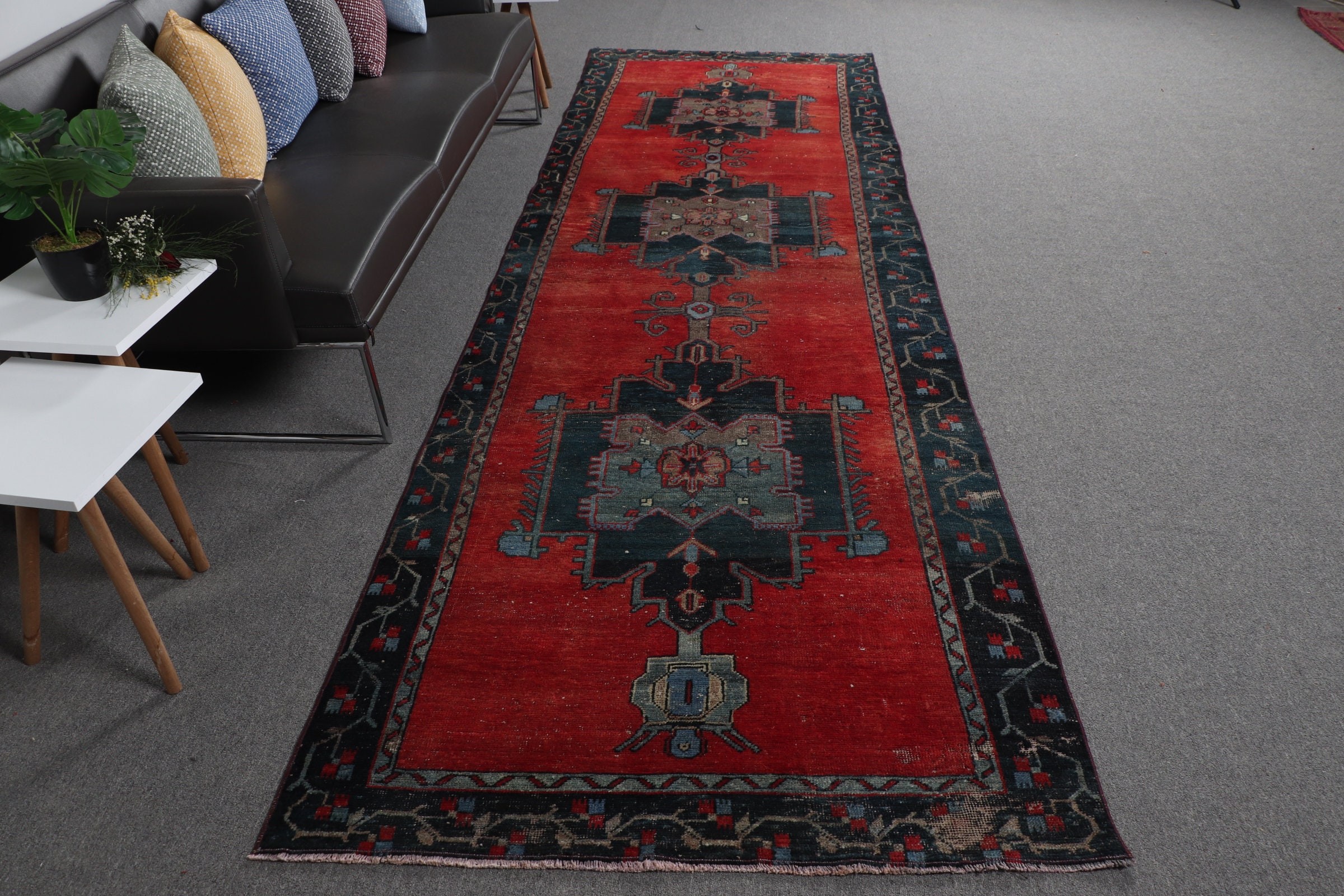 Hallway Rug, Kitchen Rug, Handmade Rug, Turkish Rug, Corridor Rugs, Anatolian Rugs, Vintage Rug, Red  3.9x12.5 ft Runner Rug