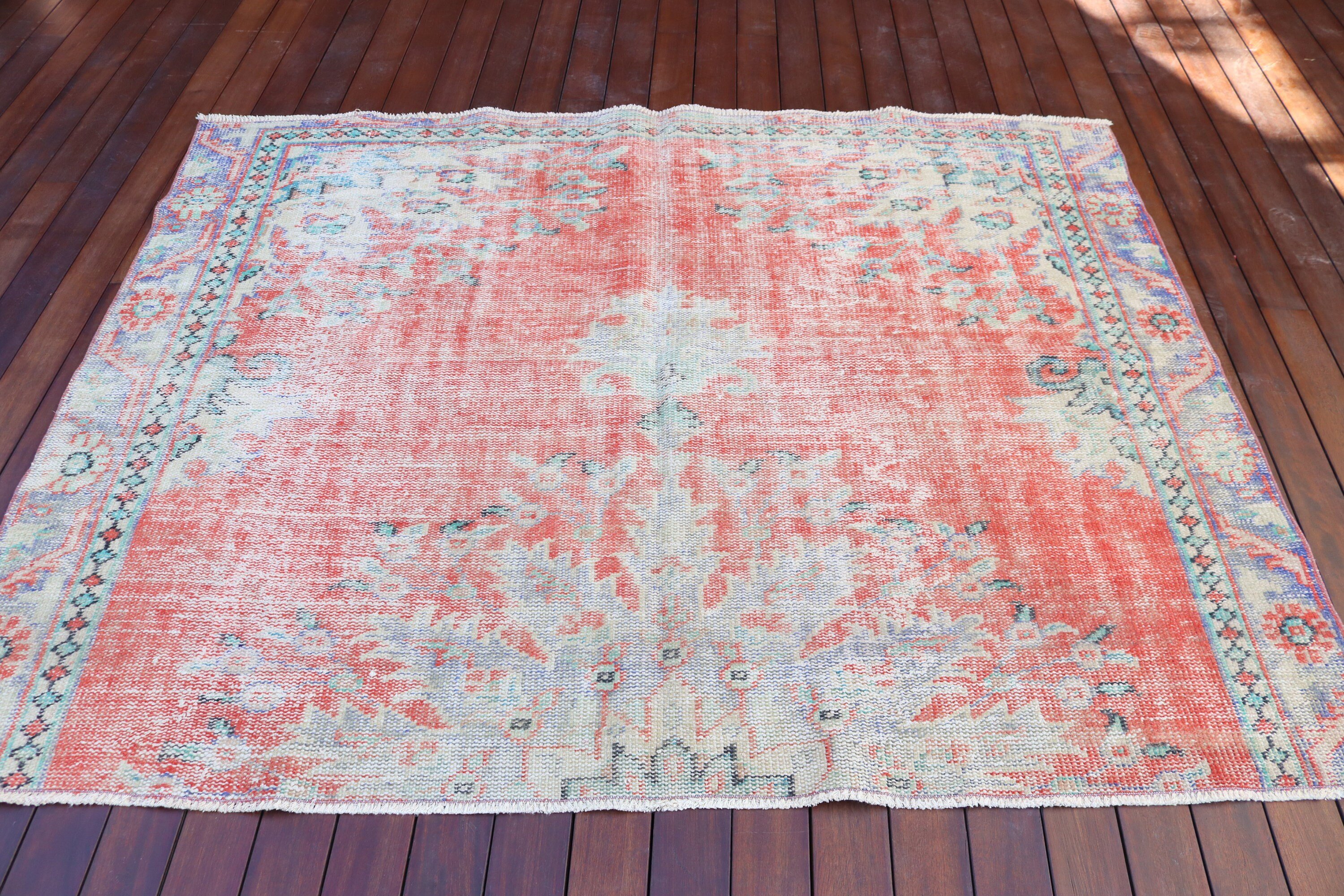 Vintage Area Rugs, Oushak Area Rugs, 6.2x4.9 ft Area Rugs, Red Neutral Rug, Wool Rug, Luxury Rug, Turkish Rug, Vintage Rug