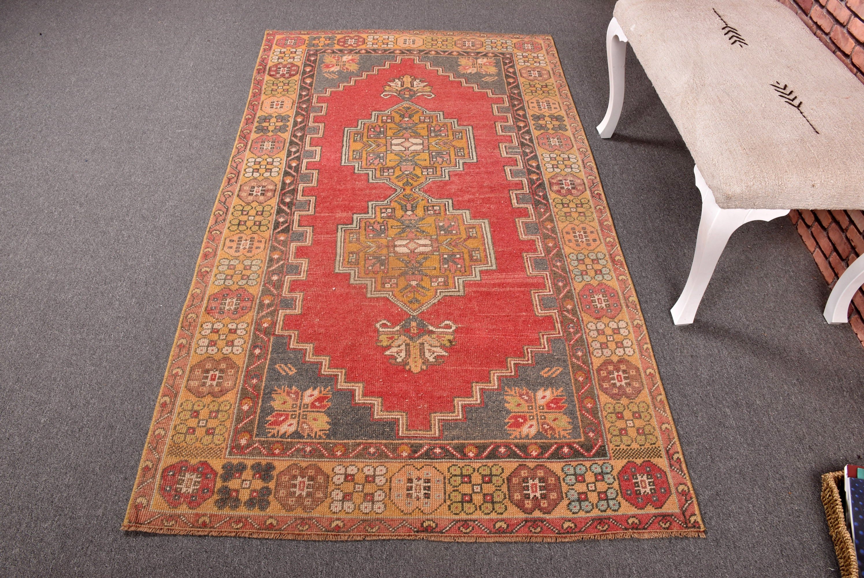 Vintage Rug, Floor Rug, Turkish Rug, Red Antique Rugs, 3.7x6.9 ft Area Rugs, Geometric Rugs, Vintage Area Rug, Office Rug