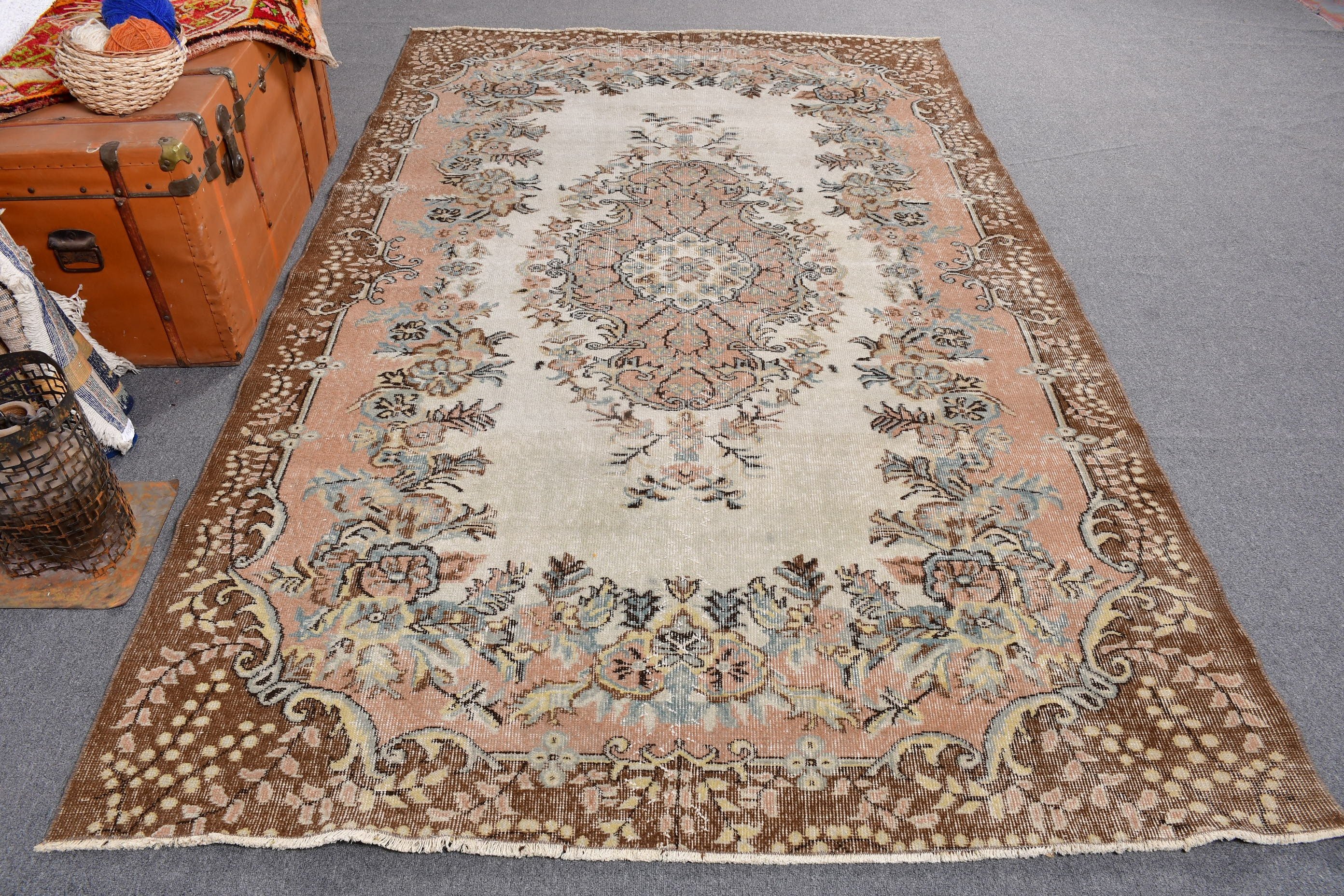 Oturma Odası Halısı, Türk Halısı, 5.8x9.5 ft Büyük Halılar, Fas Halıları, Havalı Halılar, Bej Havalı Halı, Büyük Vintage Halı, Sanatsal Halı, Vintage Halı