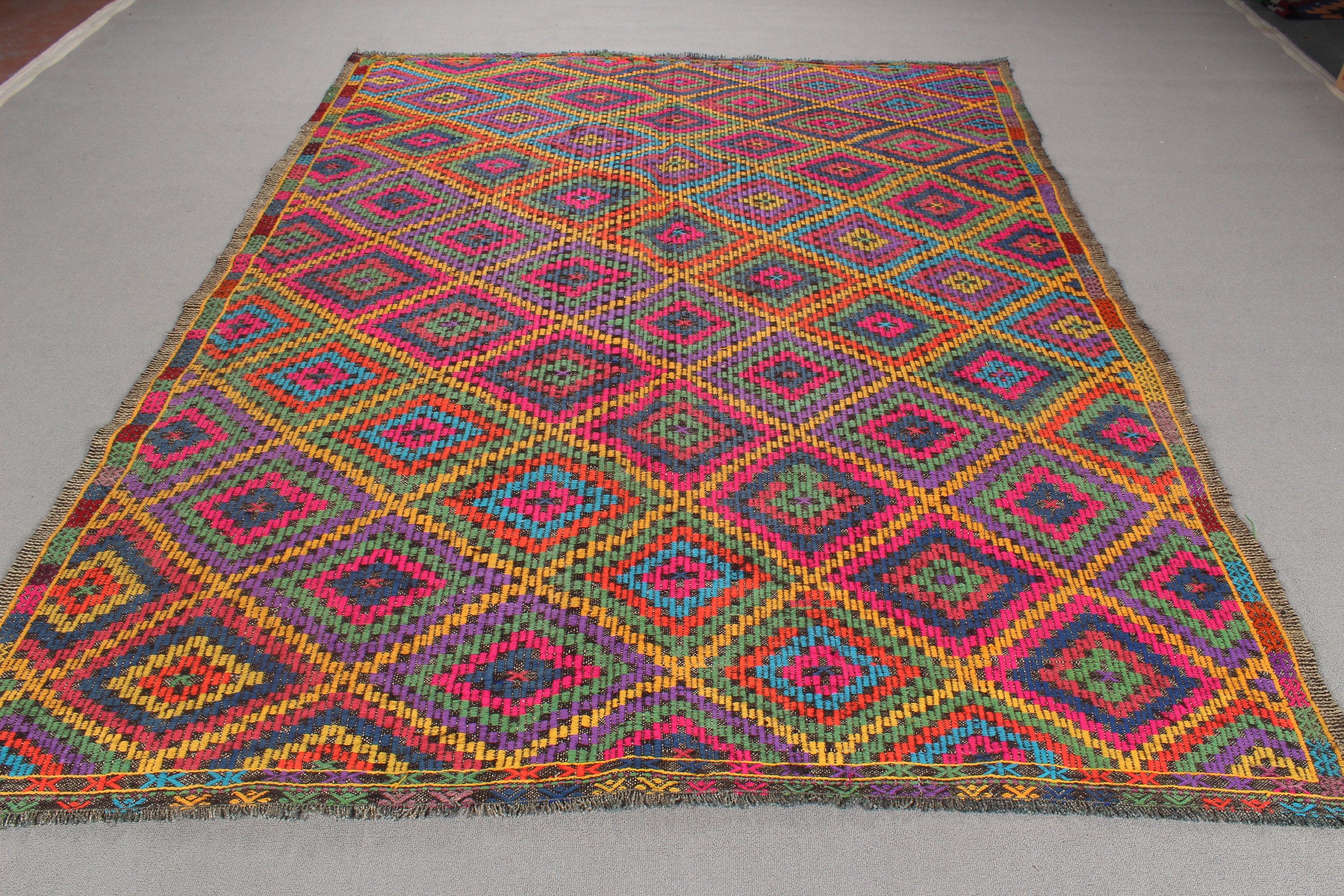 Düz Dokuma Halılar, Türk Halısı, Vintage Halılar, Oryantal Halı, 6,6x8,5 ft Büyük Halı, Gökkuşağı Ev Dekor Halısı, Kilim, Egzotik Halı, Büyük Oushak Halısı