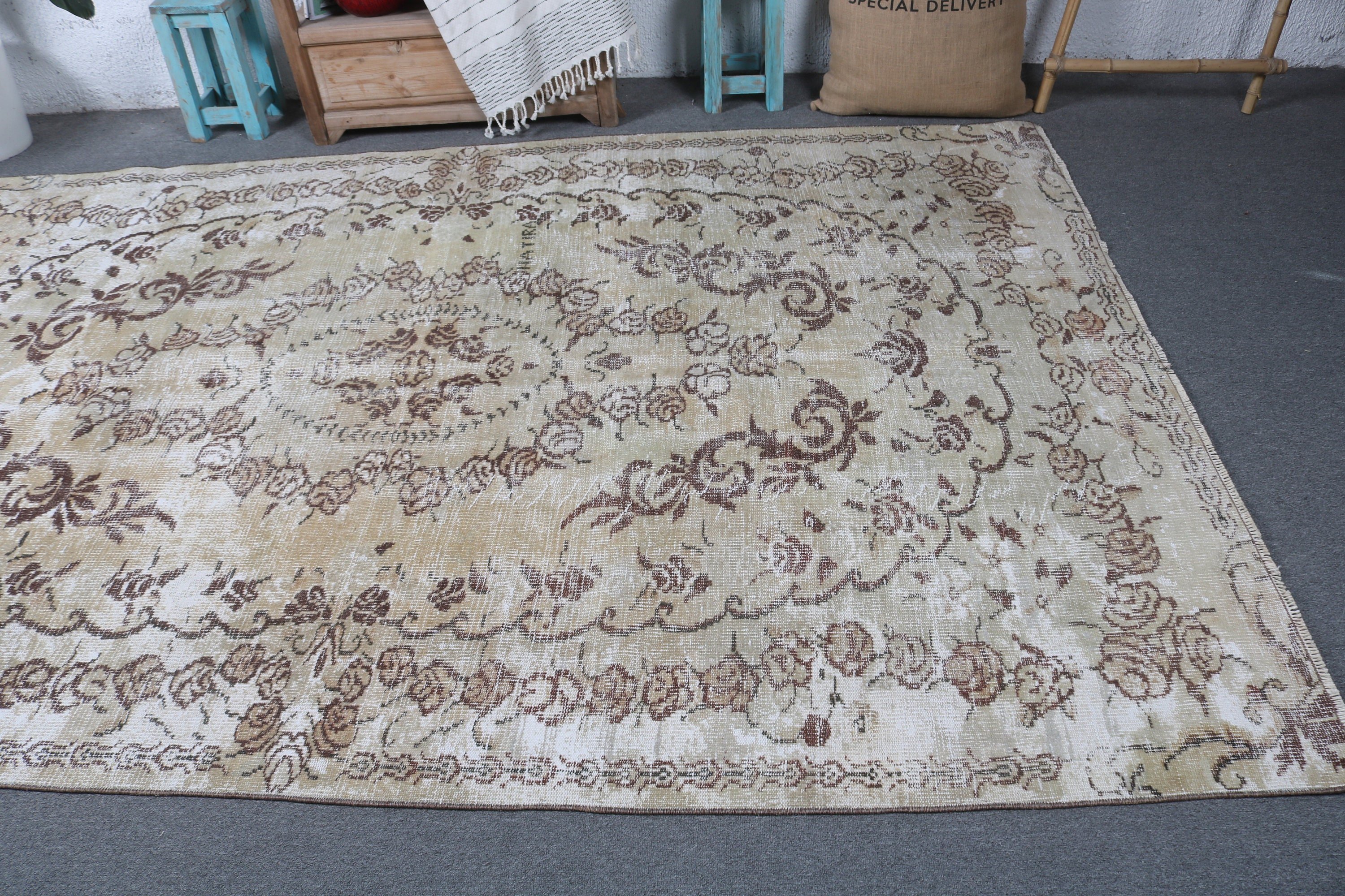 5.7x9.6 ft Büyük Halılar, Yemek Odası Halısı, El Dokuma Halı, Kahverengi Geometrik Halı, Mutfak Halısı, Vintage Halı, Salon Halısı, Türk Halısı, Oushak Halısı