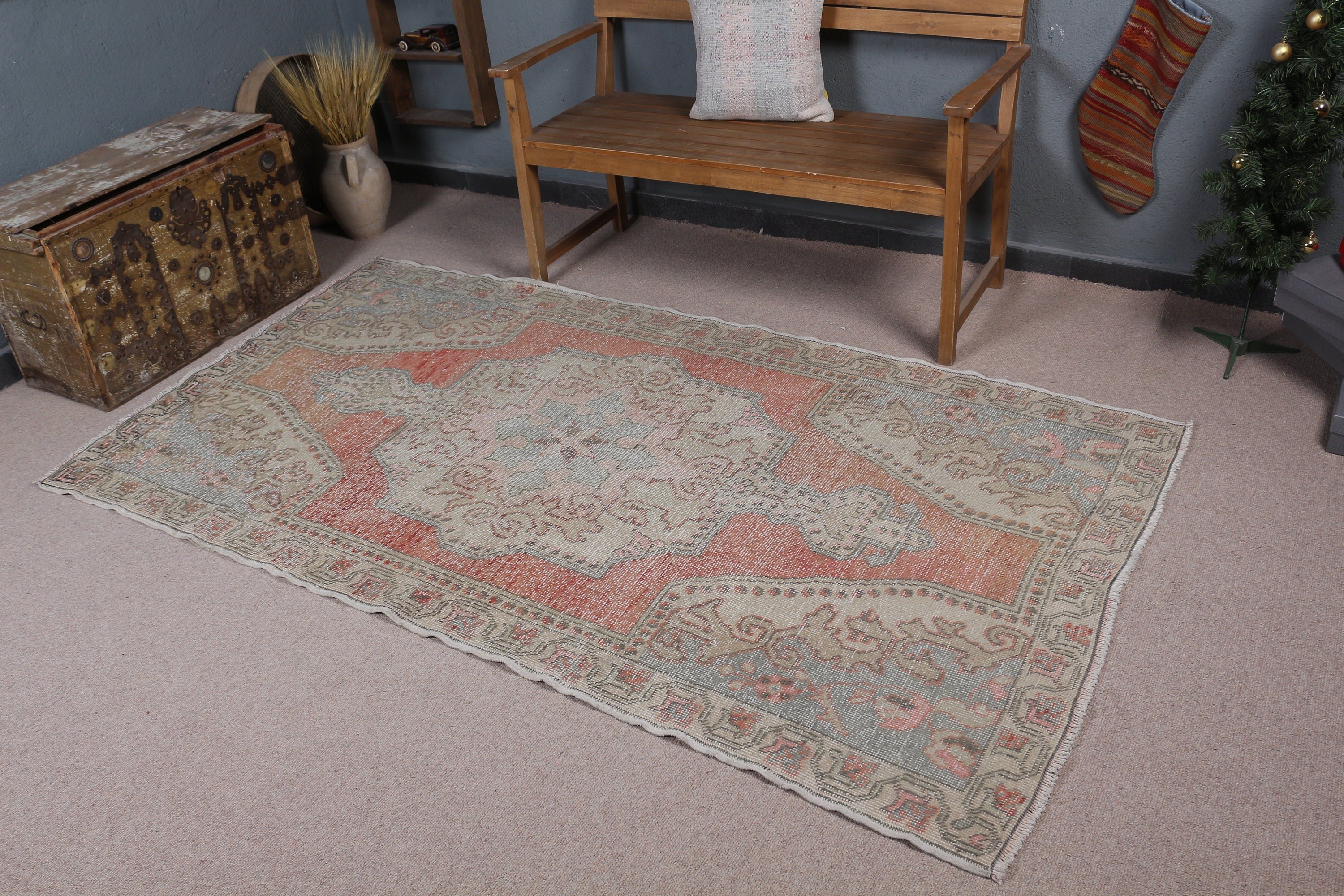 Vintage Rug, Orange Floor Rug, Moroccan Rug, Rugs for Dining Room, Ethnic Rug, 4.2x7.7 ft Area Rug, Turkish Rug, Anatolian Rug, Kitchen Rug