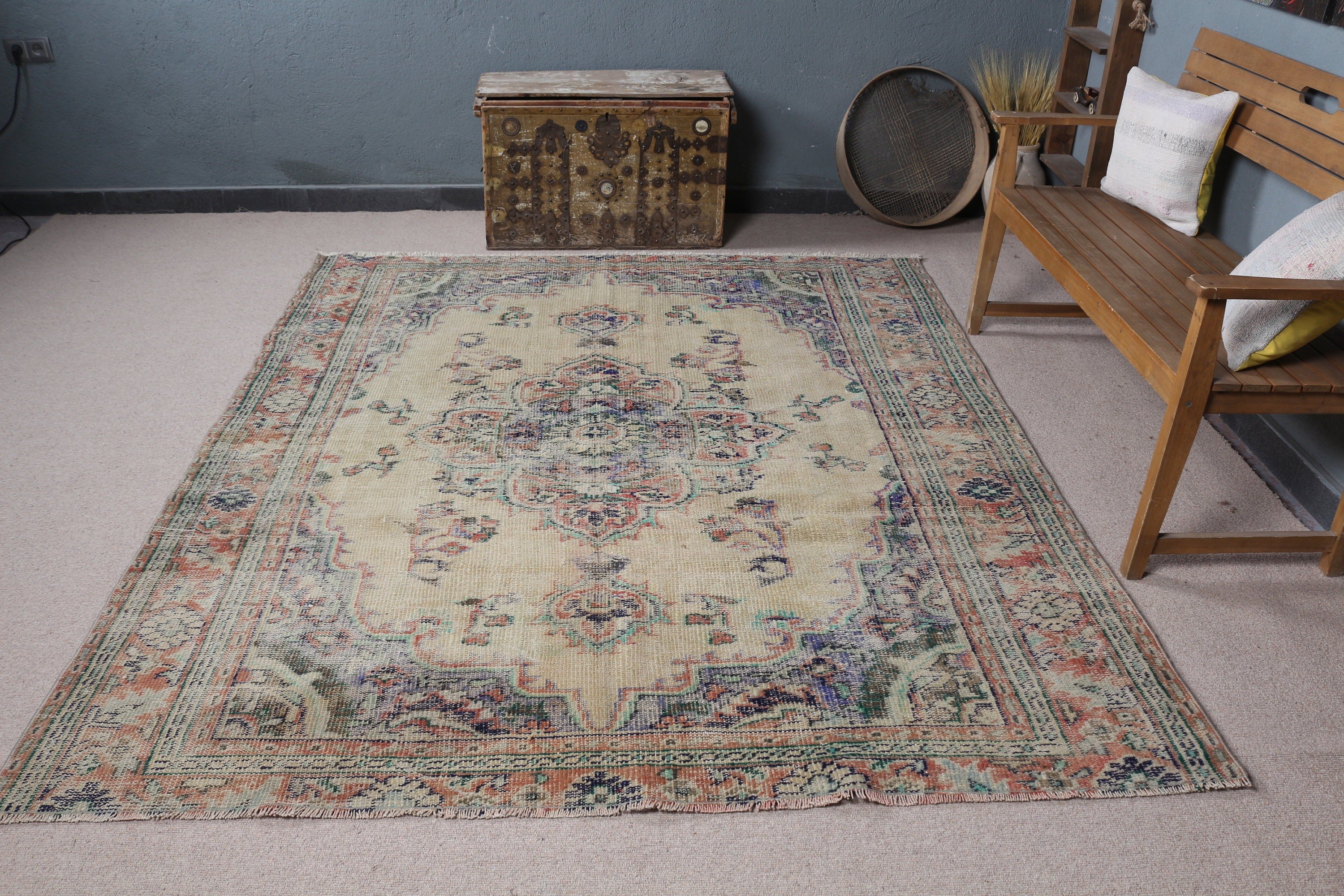 Turkish Rug, Beige Wool Rug, Floor Rug, Salon Rug, Rugs for Living Room, Oushak Rugs, Dining Room Rug, 6.6x7.8 ft Large Rugs, Vintage Rug