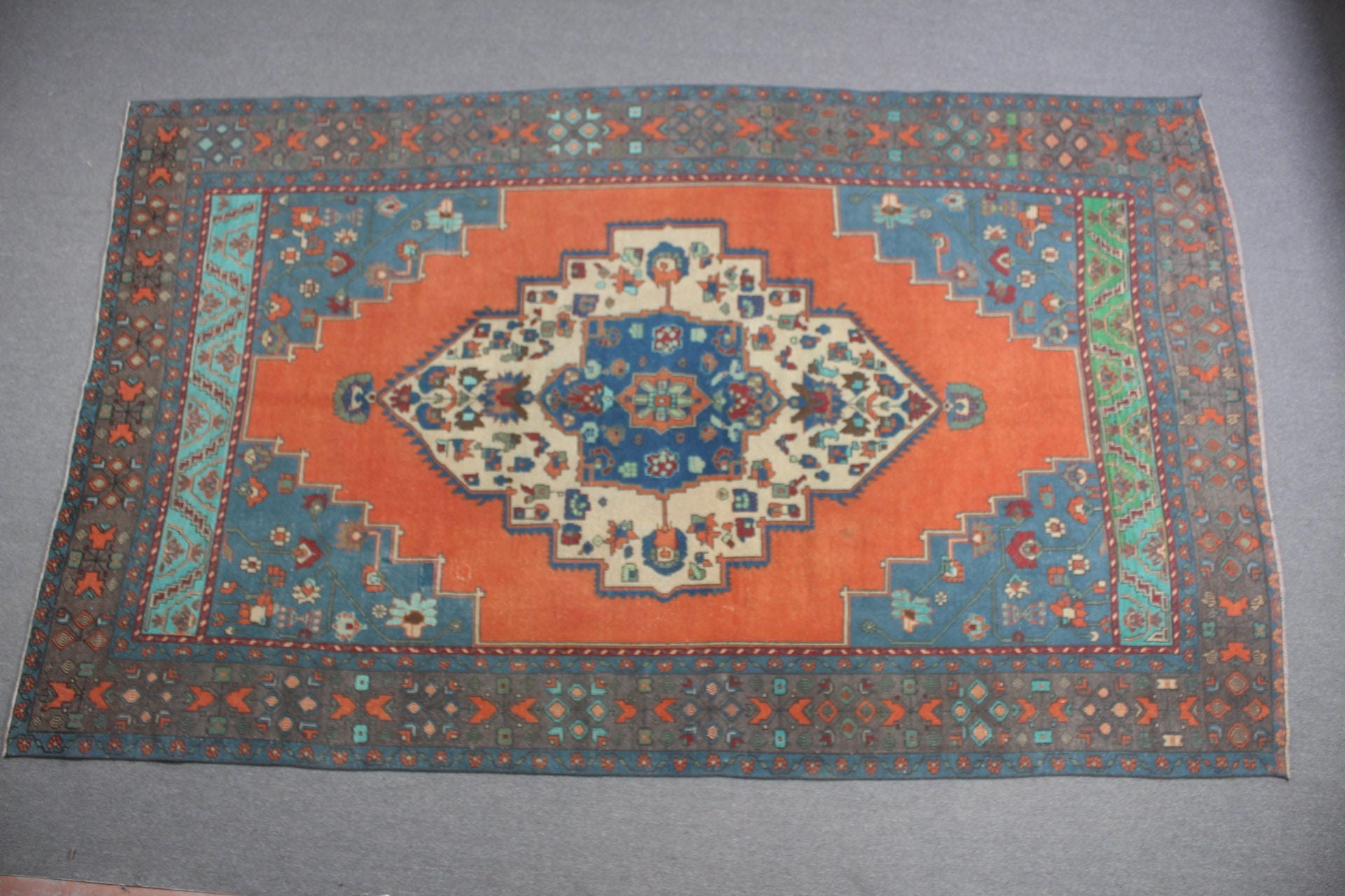 Anadolu Halısı, Salon Halısı, Türk Halısı, Yün Halılar, 7.1x11.5 ft Büyük Boy Halı, Oturma Odası Halıları, Vintage Halı, Salon Halısı, Turuncu Yün Halı