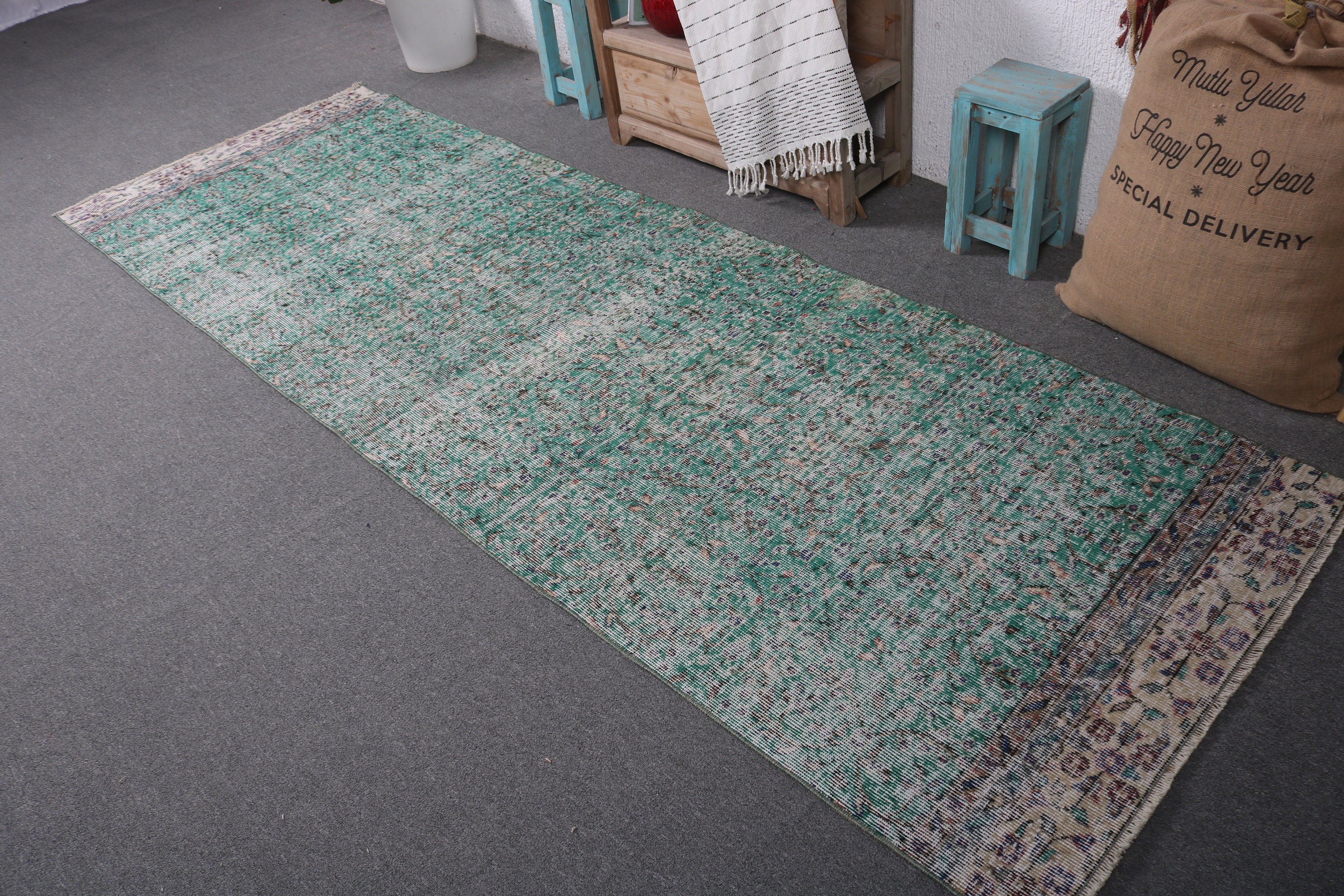 Etnik Halı, Vintage Halılar, 3.3x9.7 ft Yolluk Halı, Merdiven Halıları, Türk Halısı, Uzun Yolluk Halıları, Yeşil Yün Halılar, Geometrik Halılar, Oryantal Halı