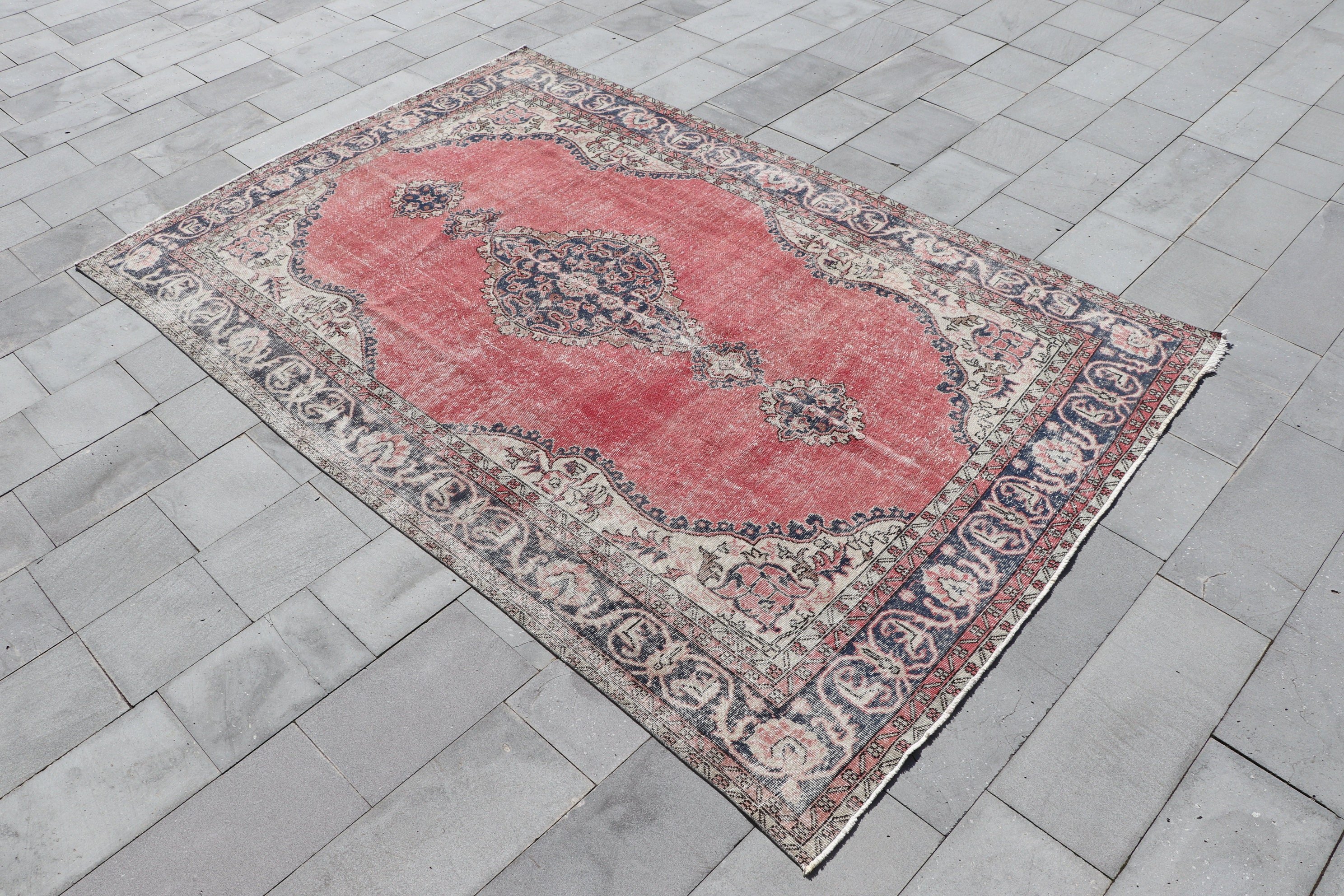 Oushak Rugs, Turkish Rug, Saloon Rugs, Red  6.9x10.3 ft Oversize Rugs, Pastel Rugs, Vintage Rugs, Salon Rug, Wool Rugs