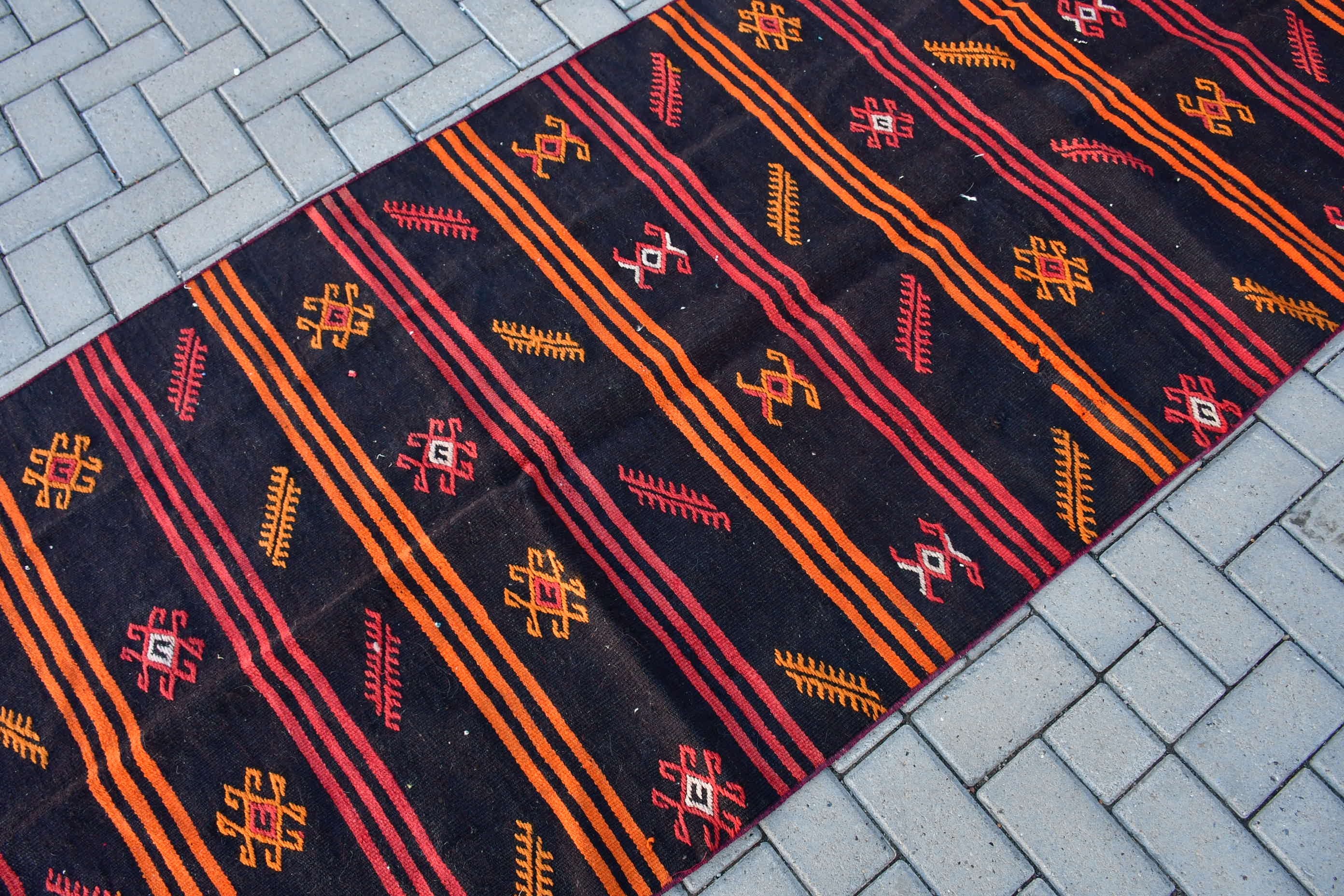 Corridor Rug, Vintage Rug, Rugs for Runner, Bedroom Rug, Anatolian Rugs, Turkish Rugs, Kilim, Black  3.5x13 ft Runner Rug