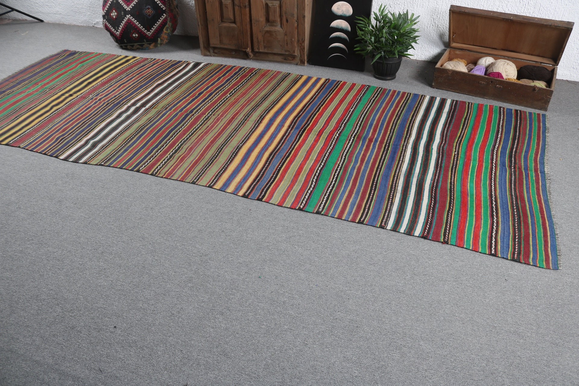 Açıklama Halısı, 4.4x12.1 ft Runner Halıları, Yün Halıları, Yeşil Boho Halıları, Türk Halıları, Uzun Yolluk Halıları, Kilim, Vintage Halı, Vintage Runner Halıları