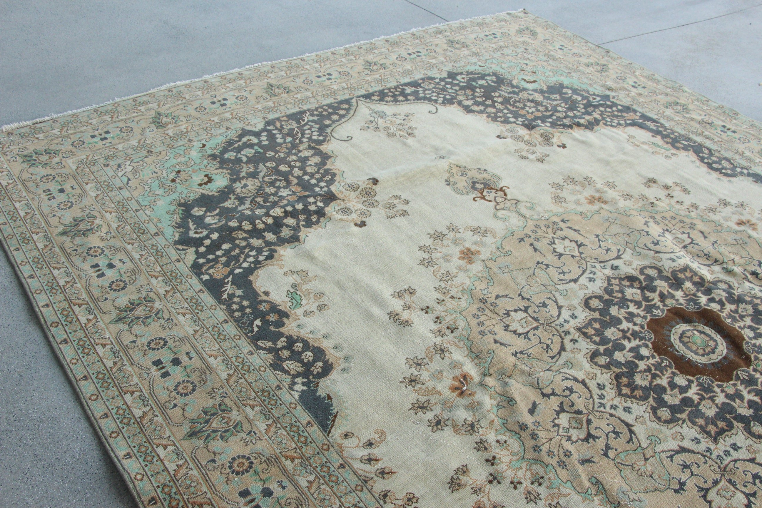 Oushak Halı, Oturma Odası Halısı, 8.2x11.5 ft Büyük Boy Halı, Düz Dokuma Halılar, Türk Halıları, Vintage Halı, Yemek Odası Halısı, Bej Lüks Halı