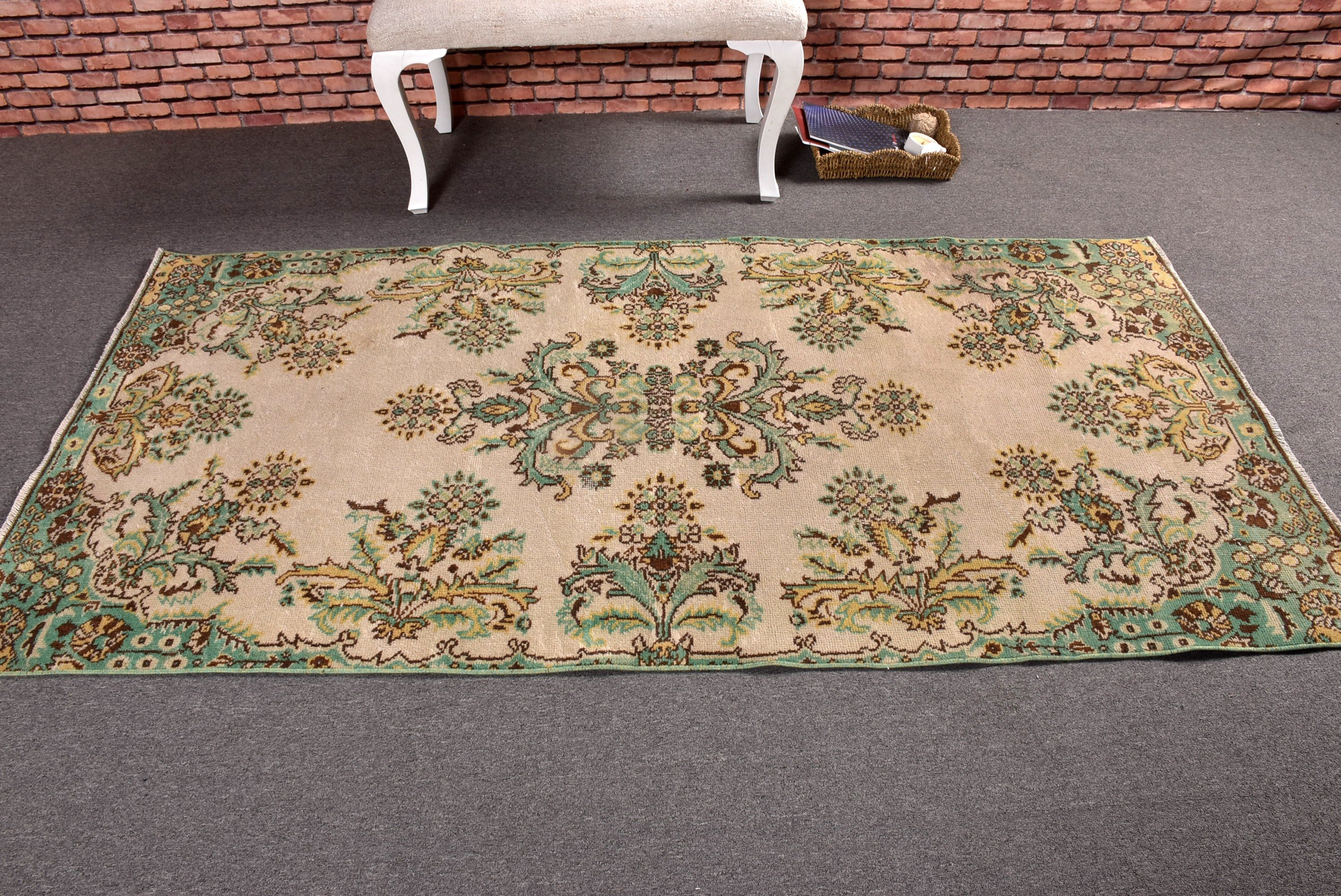 Wool Rug, Anatolian Rug, Rugs for Bedroom, Vintage Rugs, Turkish Rug, 3.7x7.3 ft Area Rug, Dining Room Rug, Nursery Rug, Beige Floor Rug