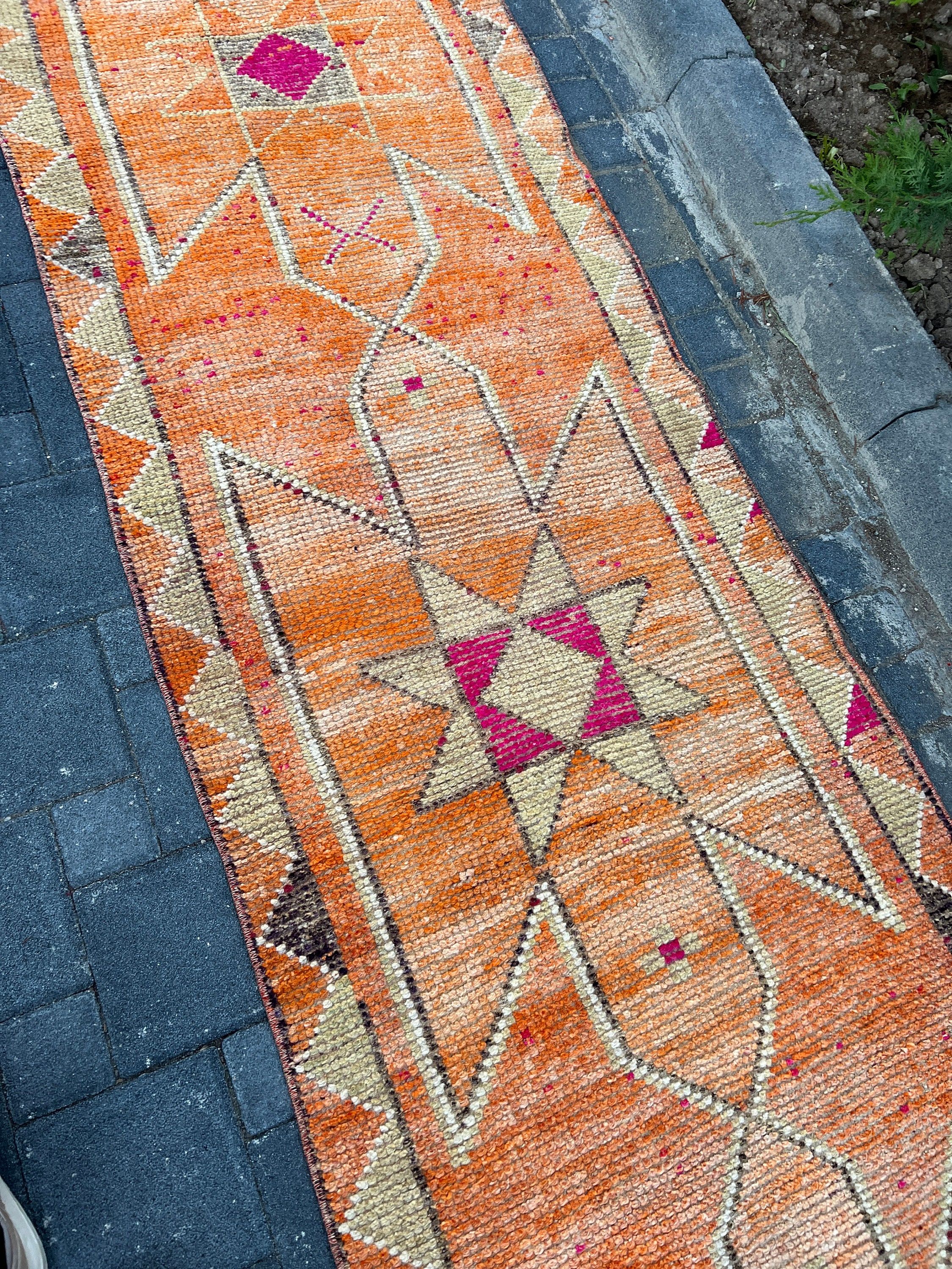 Yün Yolluk Halıları, 2.9x10 ft Yolluk Halısı, Anadolu Halısı, Yer Halıları, Turuncu Mutfak Halısı, Vintage Halılar, Merdiven Halıları, Türk Halısı