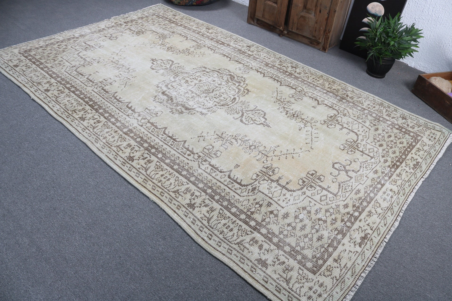 Bej Anadolu Halısı, Nötr Halı, Türk Halıları, 5.8x9.6 ft Büyük Halı, Yemek Odası Halıları, Yatak Odası Halısı, Vintage Halılar, Yer Halısı