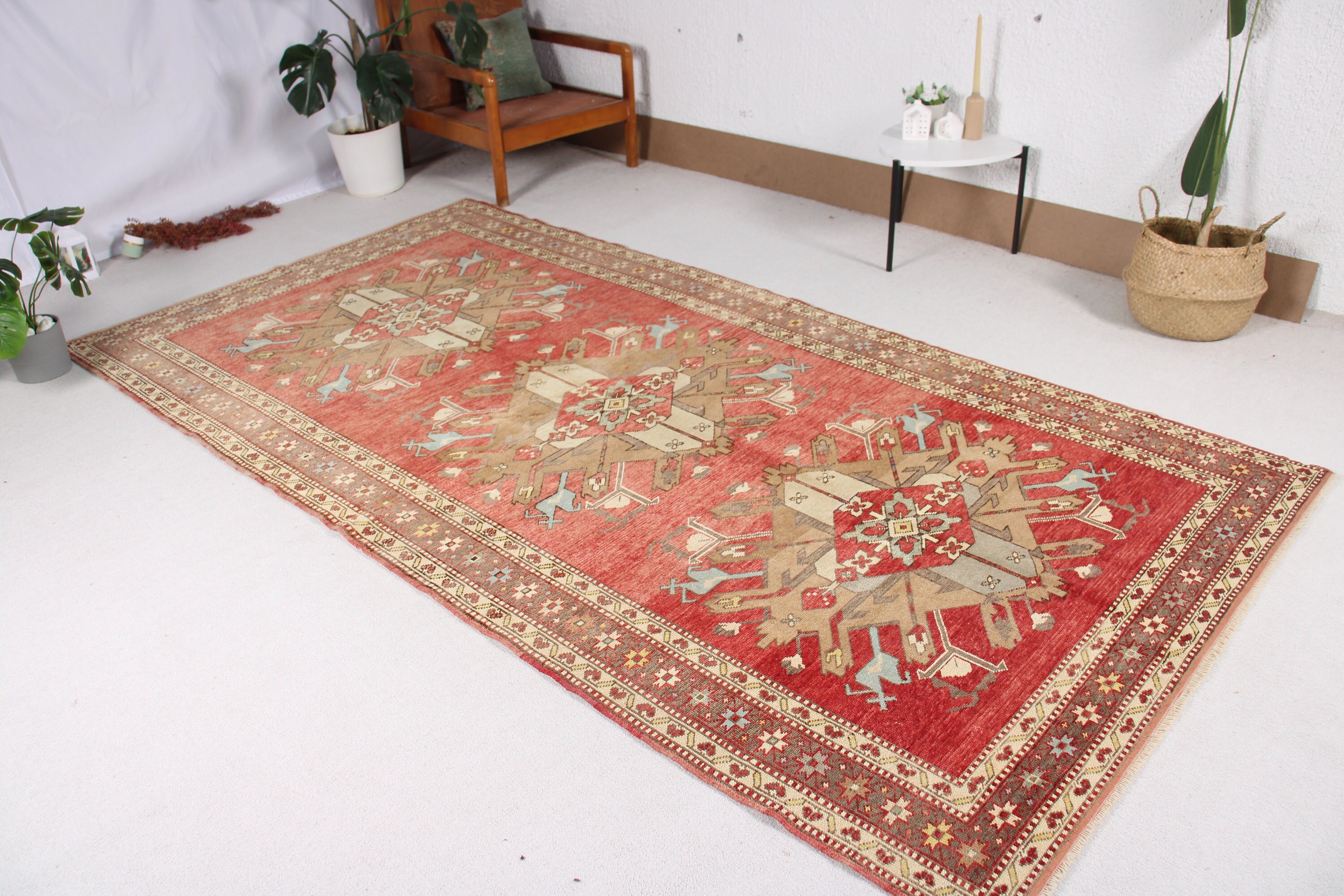 Büyük Oushak Halı, Salon Halıları, 5x10 ft Büyük Halılar, Büyük Vintage Halı, Düz Dokuma Halılar, Türk Halısı, Yün Halılar, Vintage Halı, Kırmızı Boho Halı