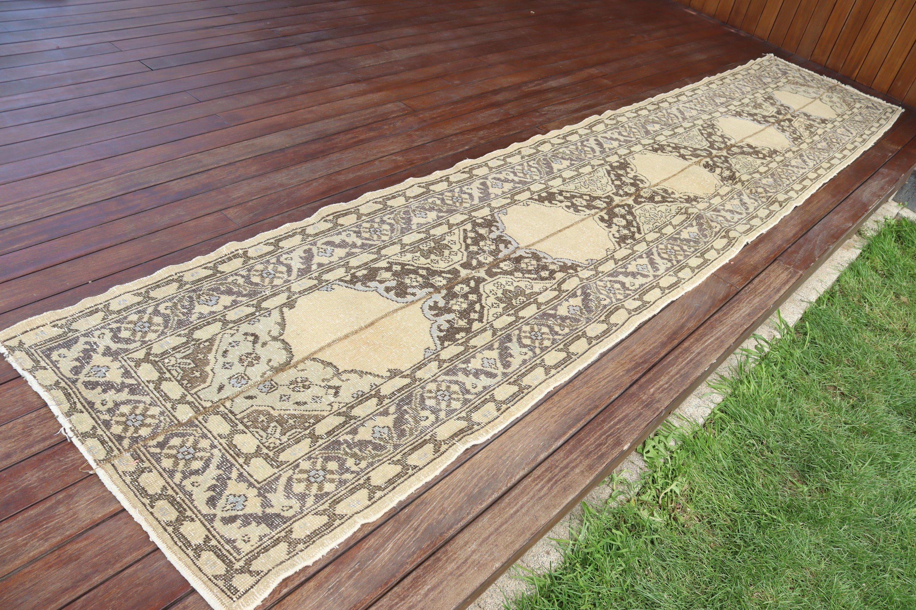 Wool Rug, 2.5x13.2 ft Runner Rugs, Floor Rugs, Luxury Rugs, Vintage Rugs, Beige Cool Rugs, Stair Rugs, Turkish Rug, Long Runner Rugs