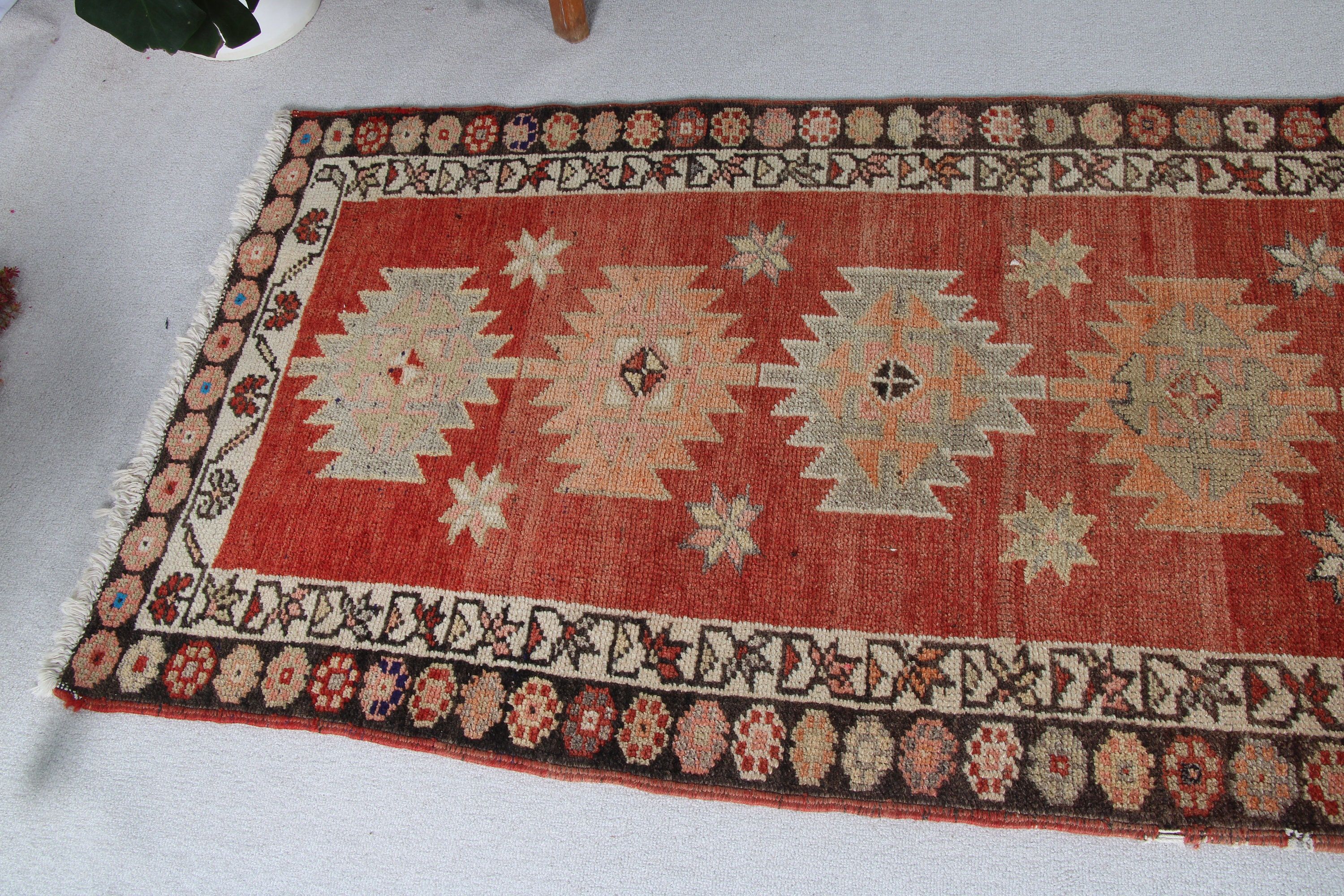 Vintage Rug, Beni Ourain Runner Rugs, Turkish Rugs, Moroccan Rug, Handwoven Rugs, Red Kitchen Rug, Corridor Rugs, 3x12.3 ft Runner Rugs