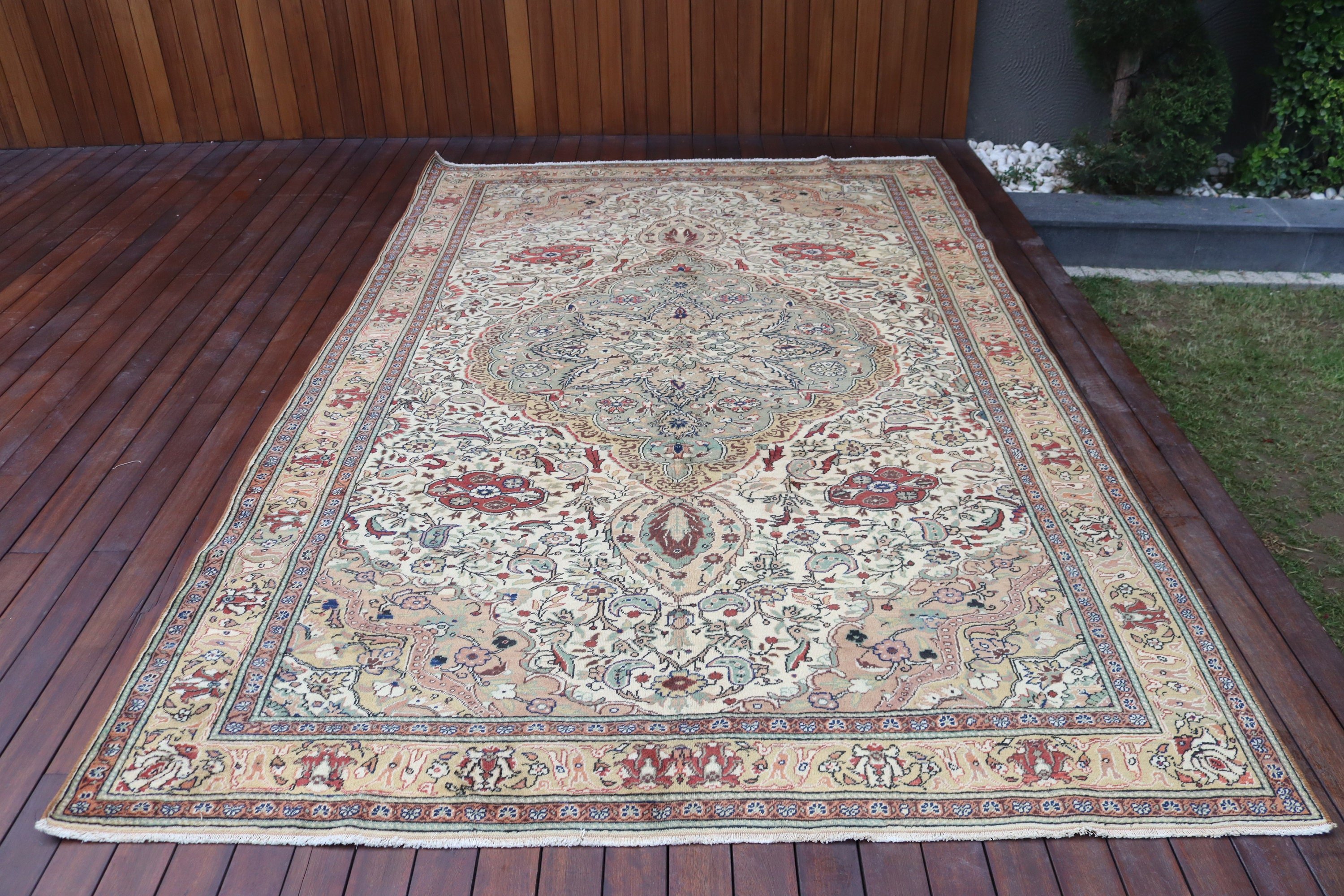 Aztek Halısı, Bej Modern Halılar, 6.5x10.3 ft Büyük Halılar, Yemek Odası Halısı, El Dokuma Halılar, Vintage Halı, Yatak Odası Halısı, Türk Halısı