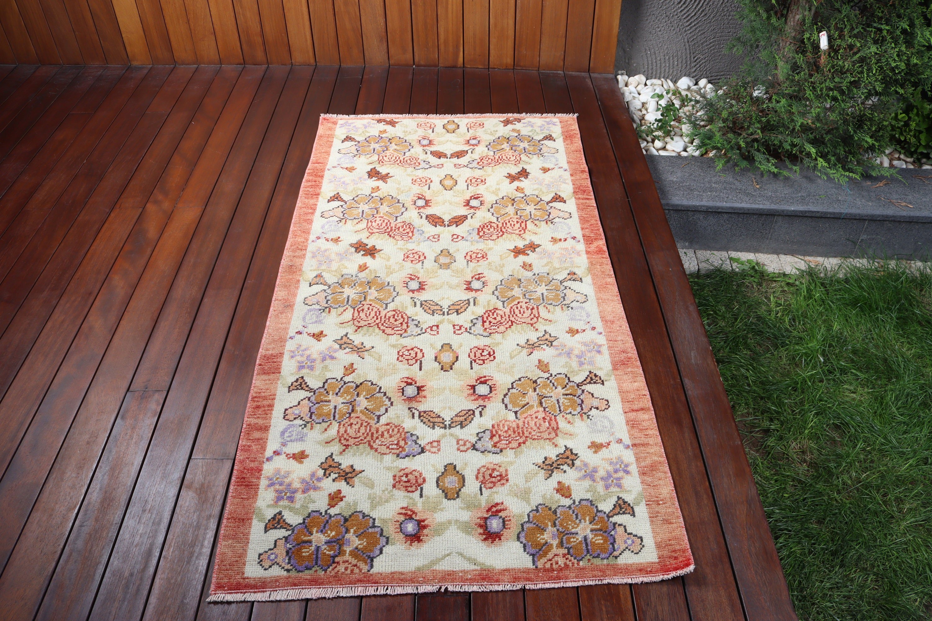 Vintage Halılar, Vintage Vurgulu Halı, El Dokuma Halılar, 2,8x5,5 ft Accent Halı, Türk Halısı, Giriş Halıları, Bej Düz Dokuma Halı