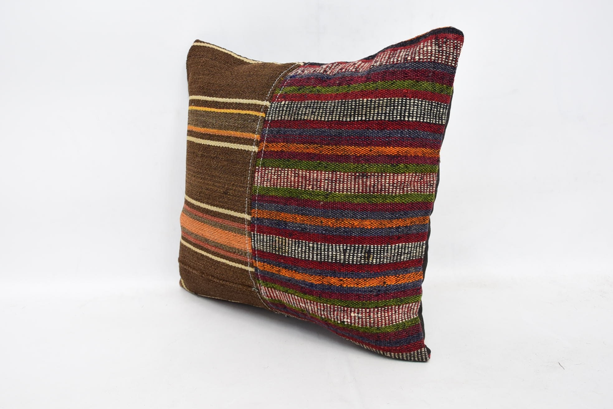 Handwoven Pillow Case, 16"x16" Brown Cushion, Kilim Cushion Sham, Boho Pillow, Pillow for Couch, Colorful Cushion