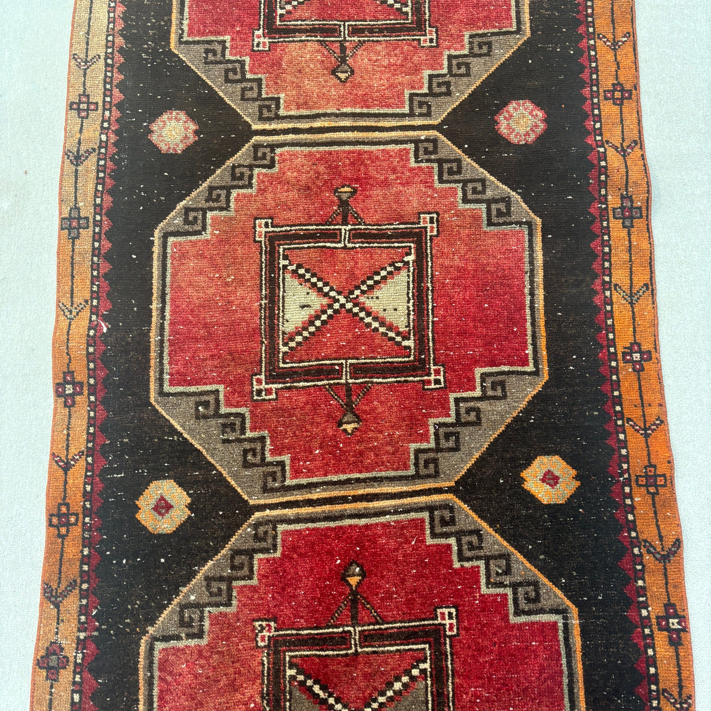 Moroccan Rugs, Turkish Rugs, Vintage Rug, 3.6x12.8 ft Runner Rugs, Neutral Rugs, Red Geometric Rugs, Rugs for Runner, Hallway Rugs