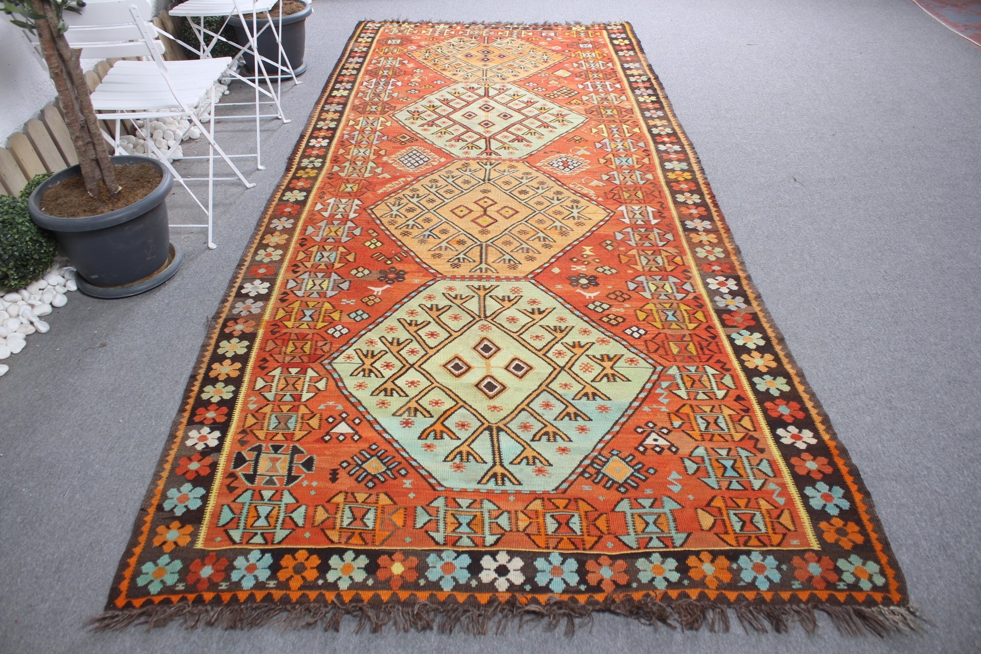 Oryantal Halı, Turuncu 5x12 ft Büyük Halı, Kilim, Yer Halısı, Vintage Halı, Salon Halısı, Eskitilmiş Halılar, Yatak Odası Halısı, Türk Halısı