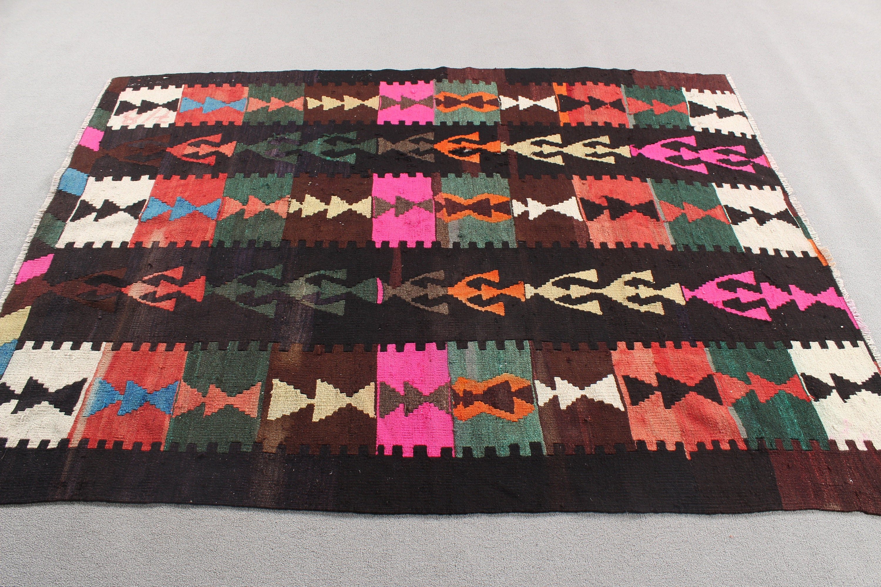 Yemek Odası Halıları, 5.1x6.5 ft Alan Halısı, Yün Halı, Oushak Halıları, Oushak Halıları, Kilim, Türk Halısı, Vintage Halılar, Siyah El Dokuma Halılar