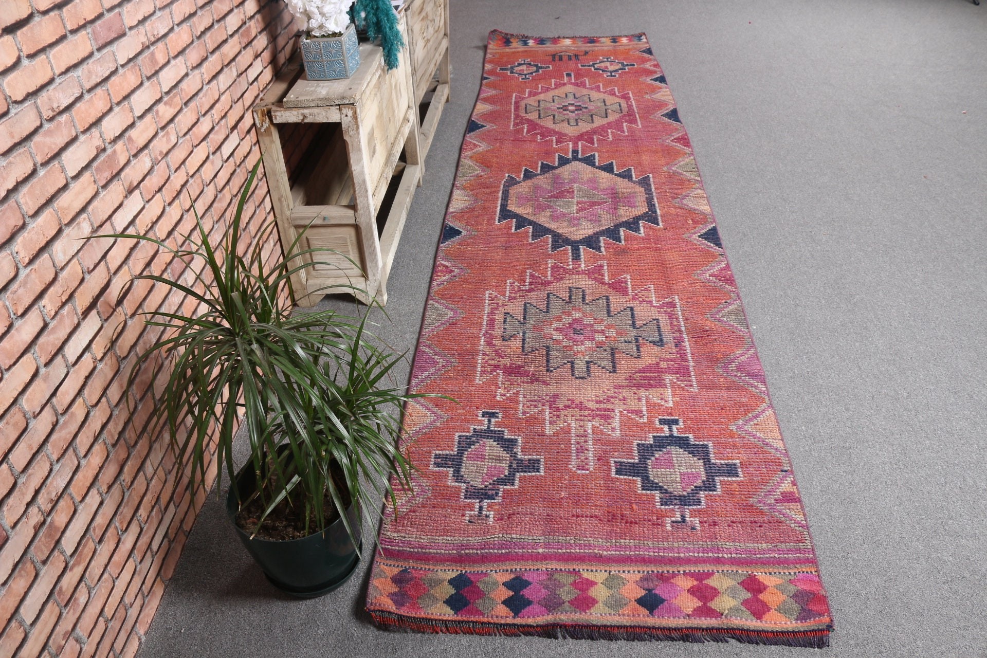 Cute Rug, Vintage Rug, Rugs for Kitchen, Stair Rugs, Oriental Rug, 2.9x11.4 ft Runner Rug, Retro Rug, Turkish Rug, Pink Floor Rug, Cool Rug