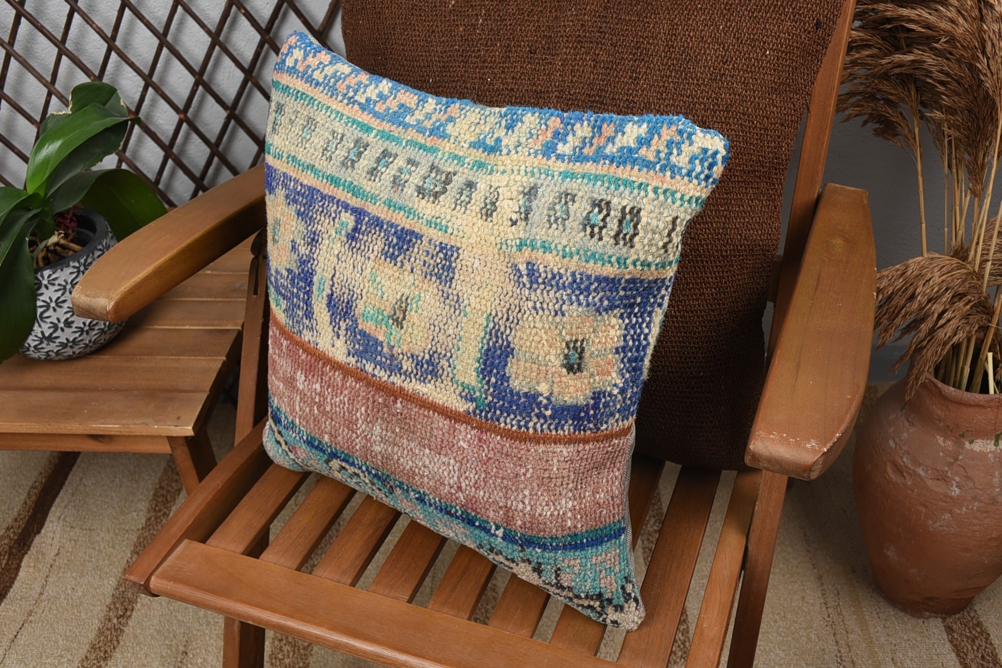 16"x16" Blue Pillow Cover, Decorative Pillow Cover, Ethnical Kilim Rug Pillow, Handmade Kilim Cushion, Pillow for Couch