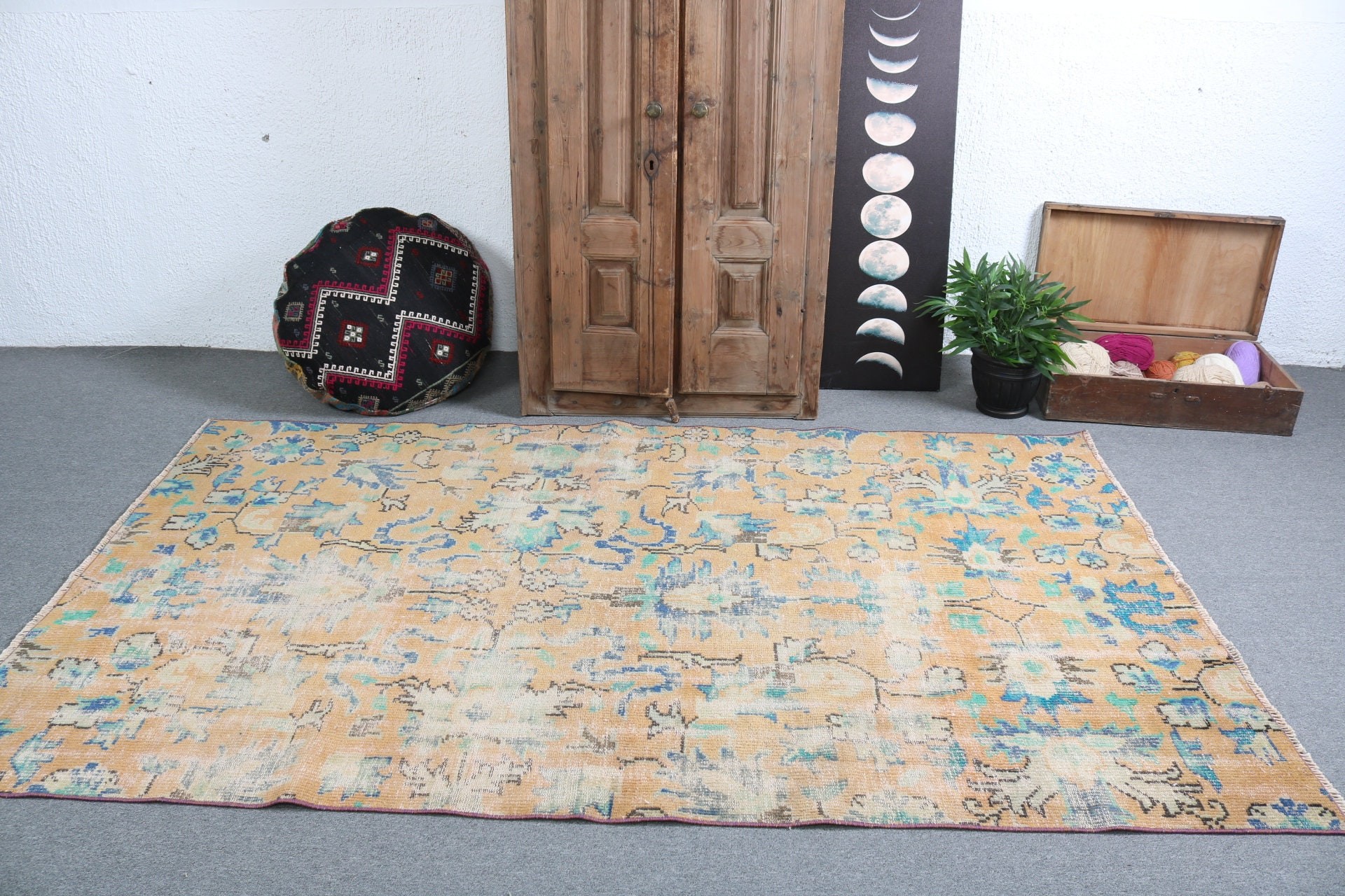 Yellow Cool Rugs, Turkish Rug, Large Boho Rugs, Cool Rug, 5x8.2 ft Large Rugs, Large Oushak Rugs, Vintage Rugs, Bohemian Rug