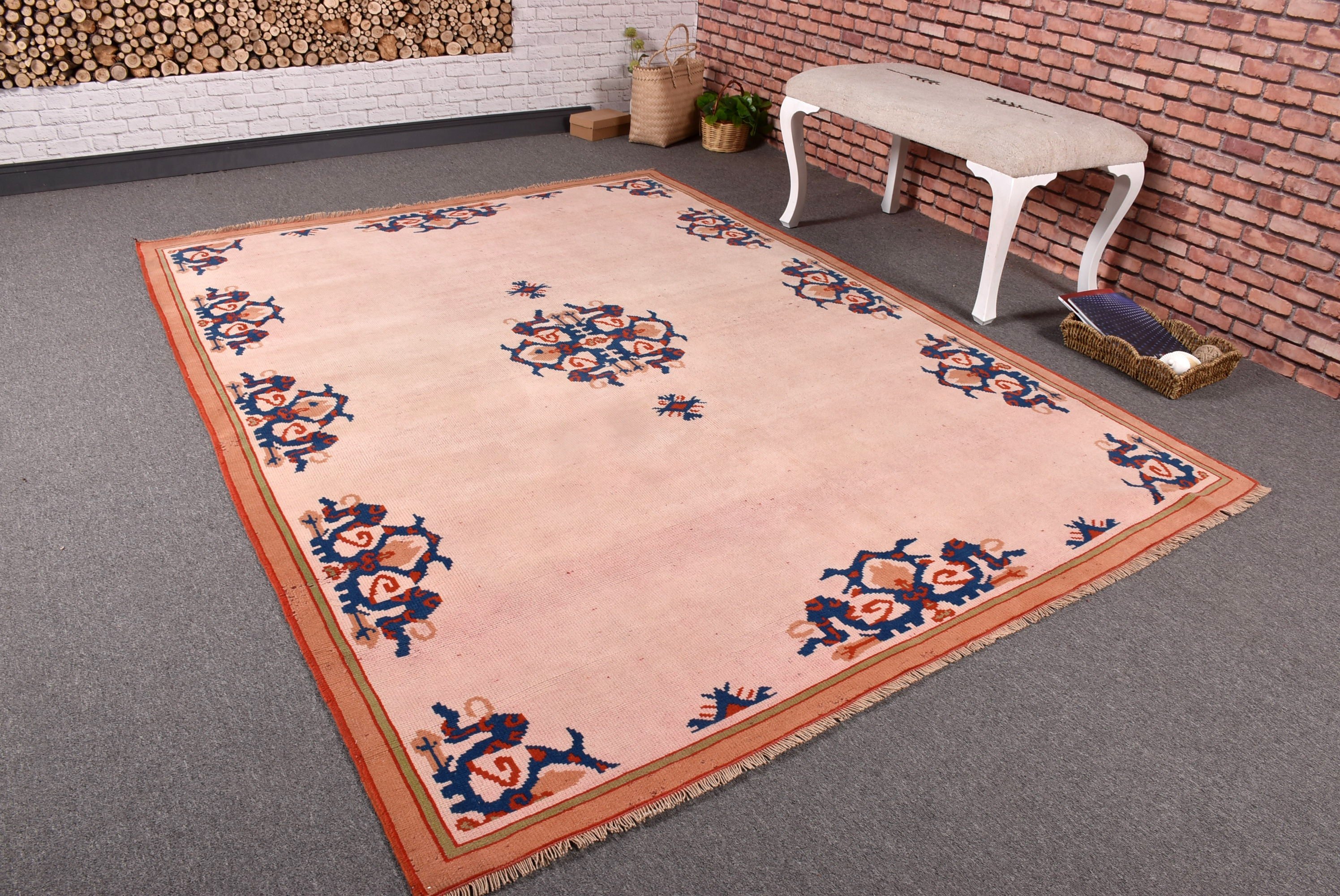 Salon Rug, Turkish Rugs, Large Oushak Rug, Geometric Rug, 5.8x7.7 ft Large Rug, Pink Neutral Rug, Exotic Rugs, Home Decor Rug, Vintage Rugs