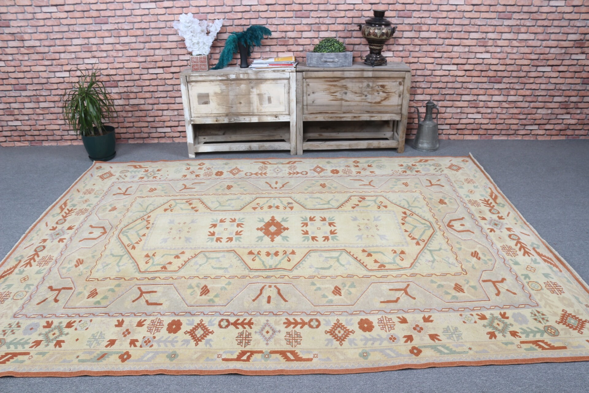 Türk Halıları, Mutfak Halıları, Oturma Odası Halısı, Antika Halı, Organik Halı, 6.6x9.2 ft Büyük Halı, Yatak Odası Halıları, Vintage Halılar, Sarı Oushak Halı