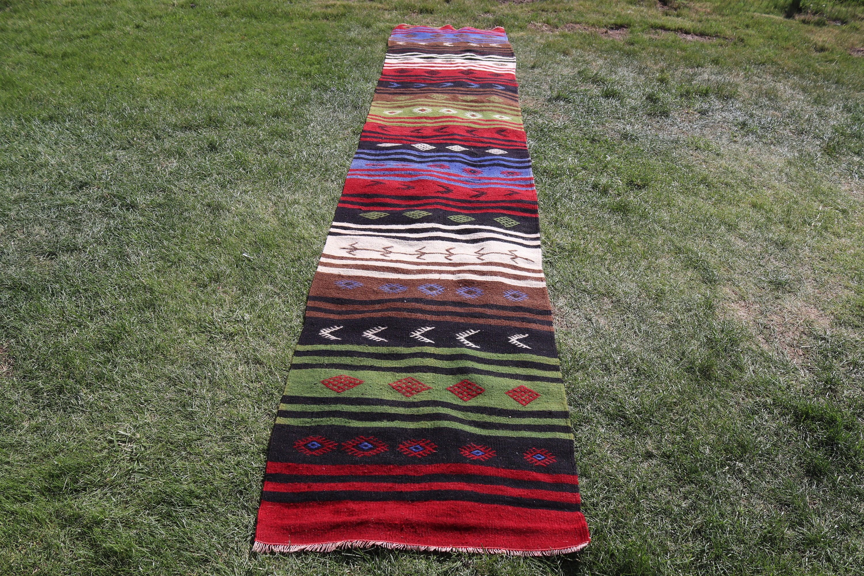 Türk Halısı, Kilim, Yün Halılar, Yeşil Boho Halılar, Vintage Halılar, Dış Mekan Halıları, Uzun Yolluk Halısı, 2.4x12.2 ft Yolluk Halısı