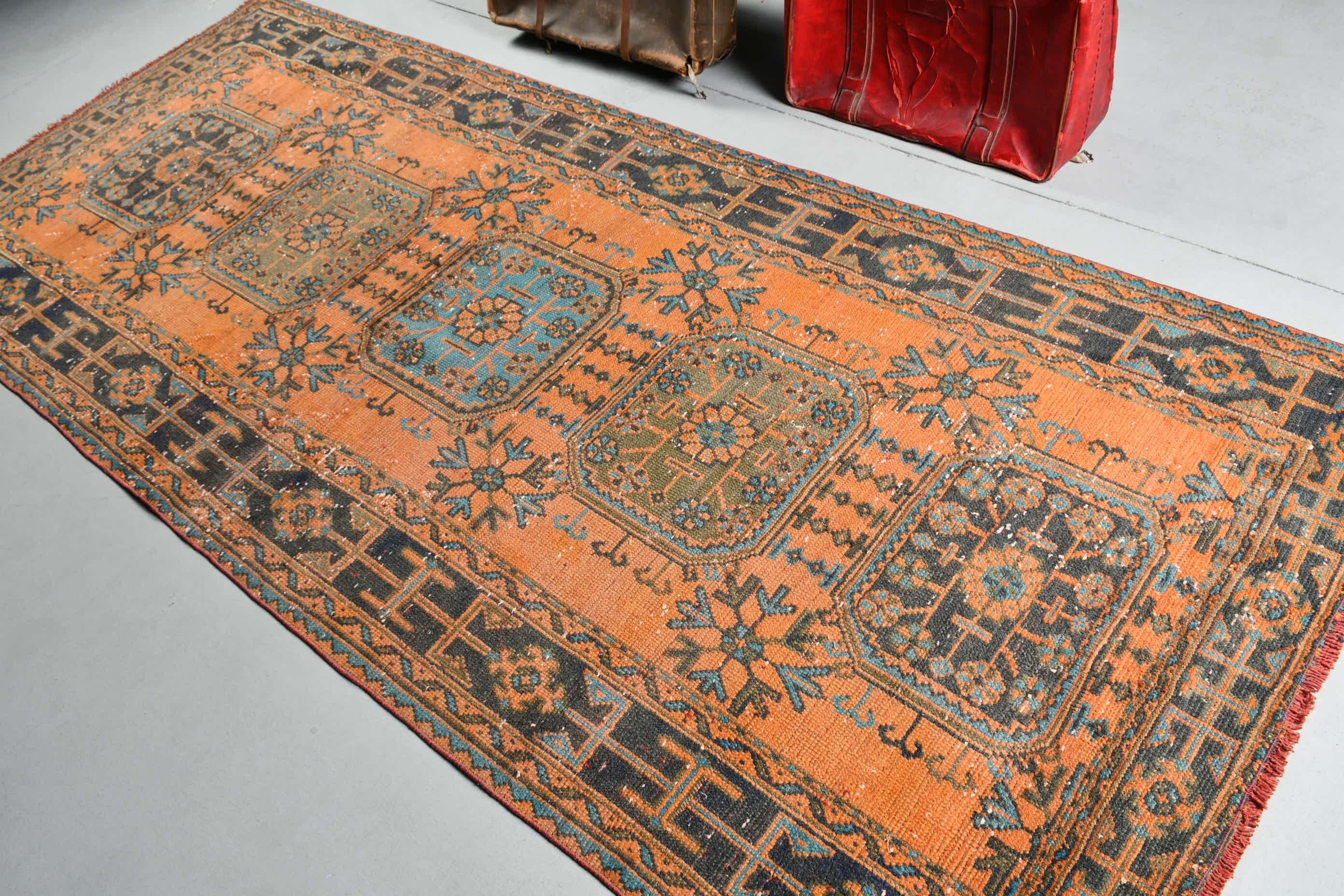 Turuncu Yün Halı, Oryantal Halı, Yün Halılar, Türk Halıları, 4,5x10,5 ft Büyük Halı, Salon Halıları, Oturma Odası Halısı, Yatak Odası Halısı, Vintage Halılar