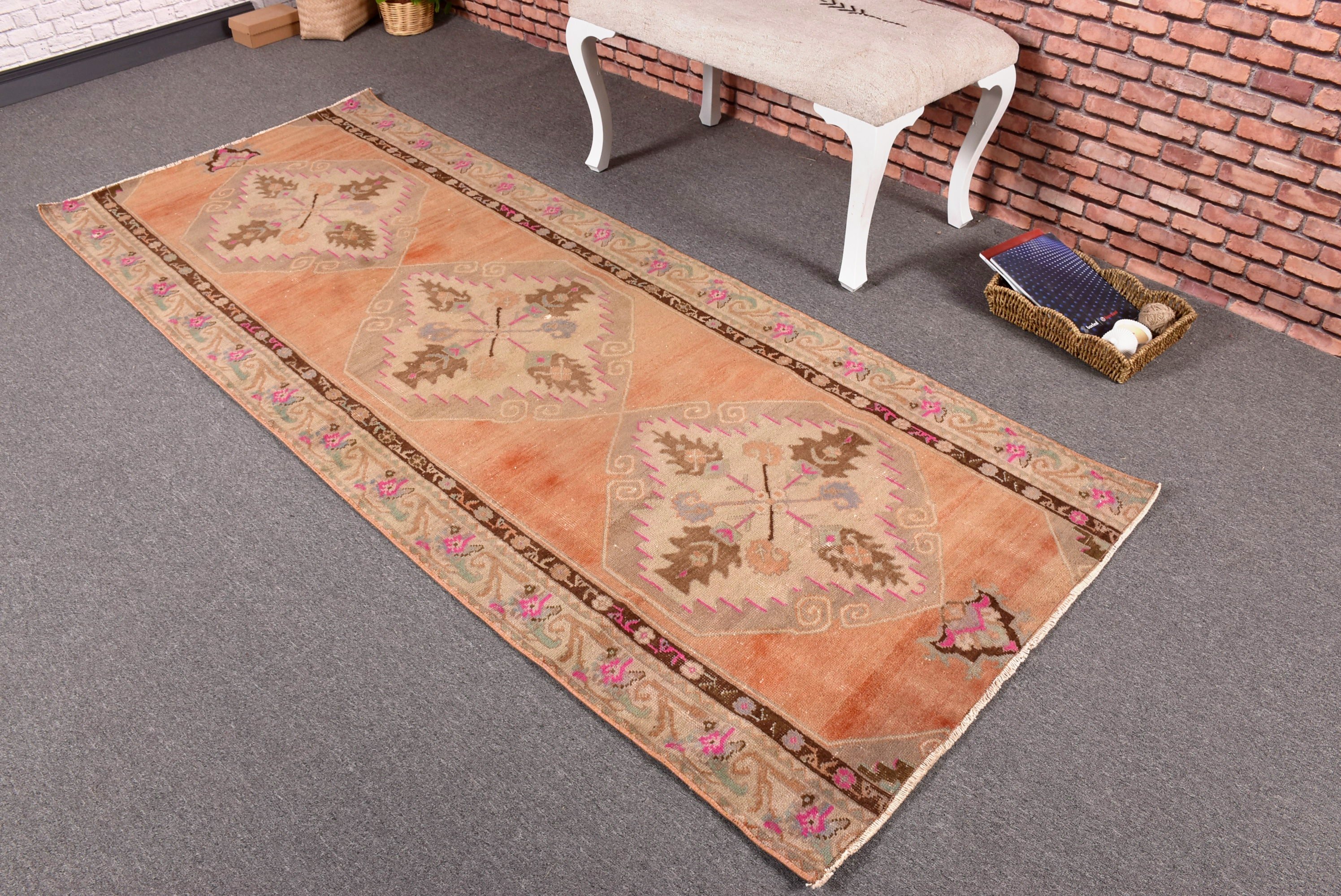 Pembe Oryantal Halılar, Dekoratif Halı, Vintage Halı, Lüks Halılar, Geometrik Halı, 3.1x8 ft Runner Halı, Koridor Halısı, Türk Halısı, Merdiven Halıları