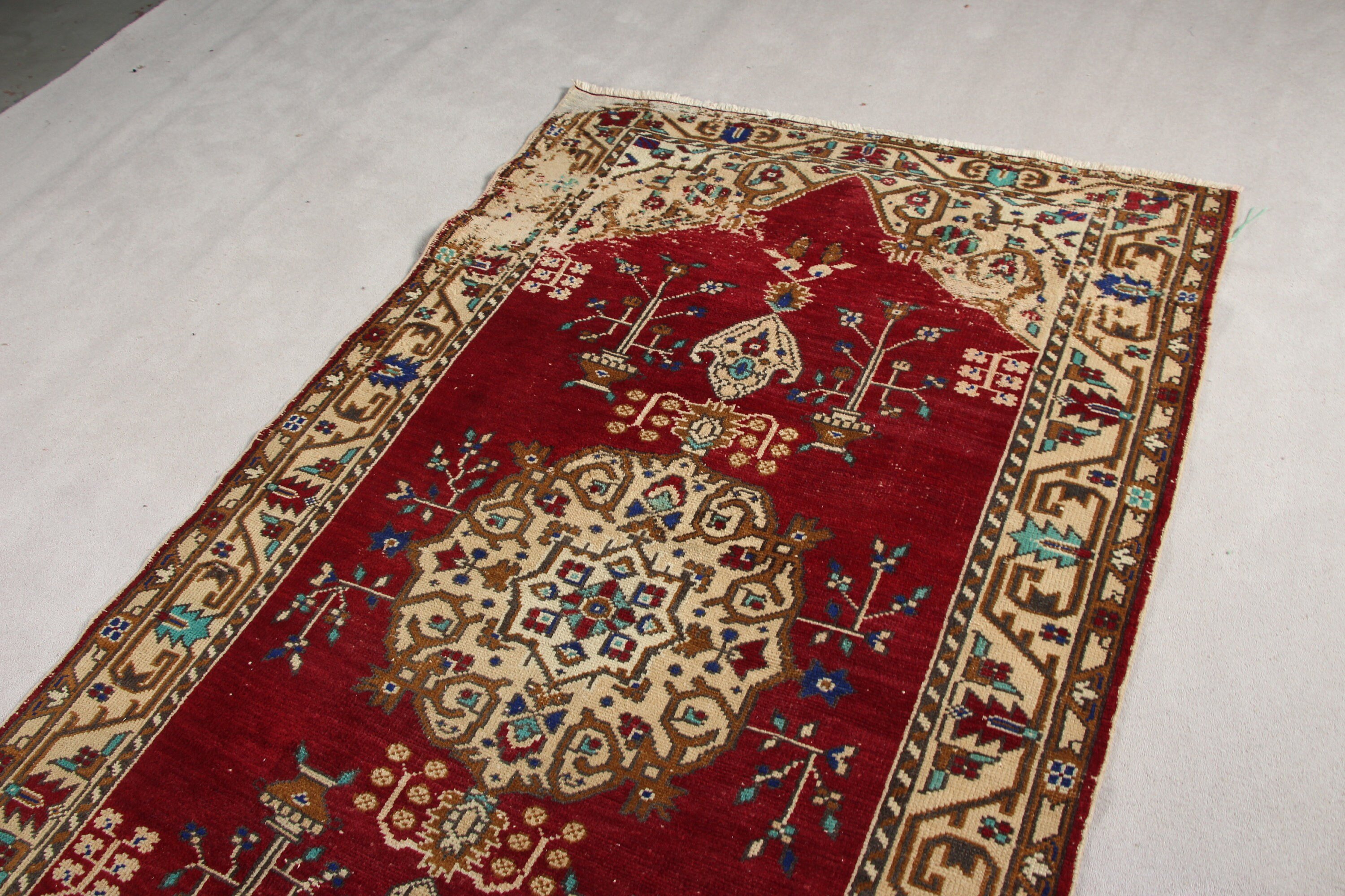 Kırmızı Oryantal Halı, Vintage Halı, Türk Halısı, Yemek Odası Halıları, 4.2x7.5 ft Alan Halıları, Mutfak Halıları, Yer Halısı, Anadolu Halısı, Aztek Halısı