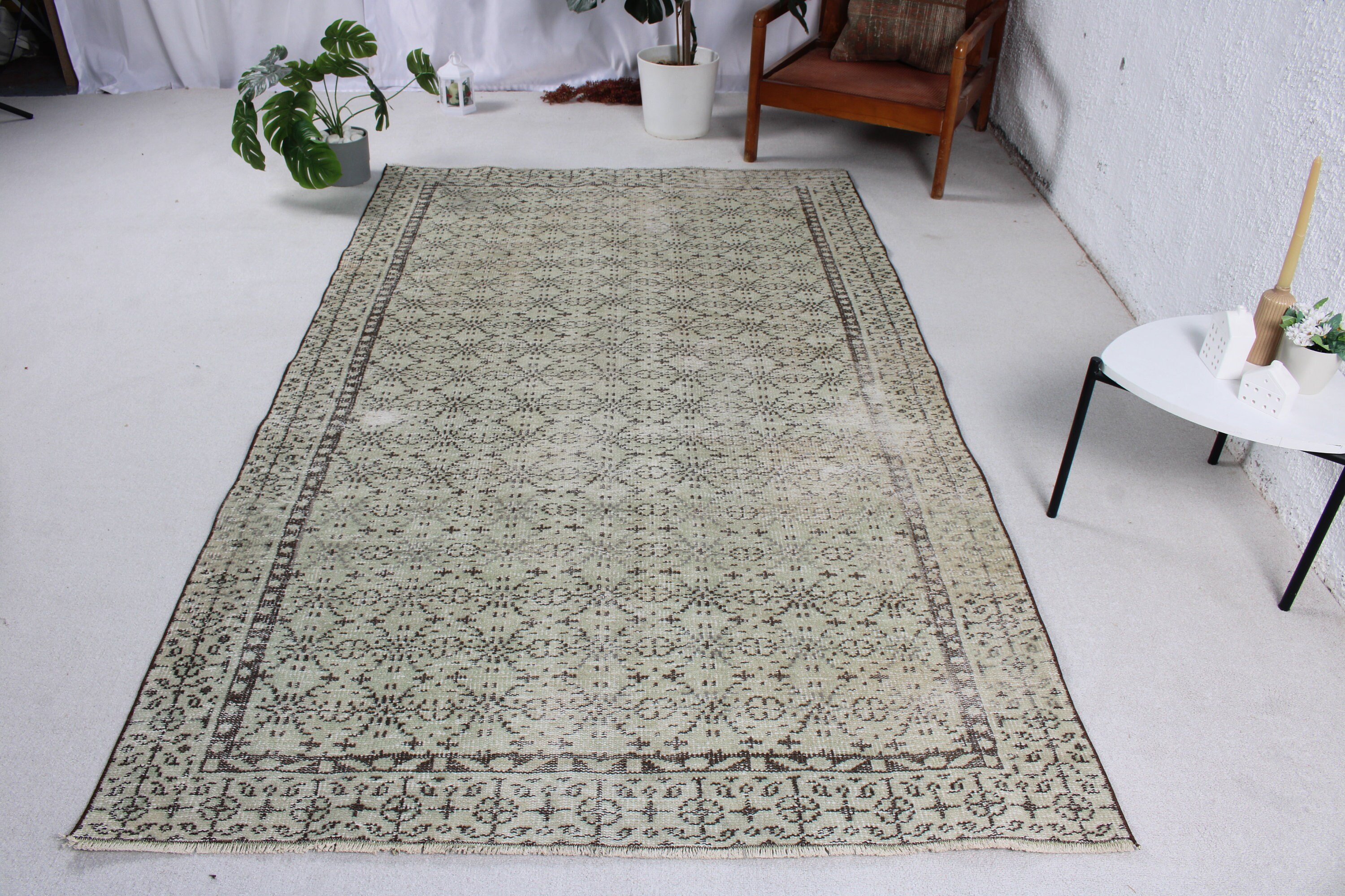 Büyük Vintage Halılar, Salon Halıları, 5x8,3 ft Büyük Halılar, Egzotik Halılar, Türk Halıları, Yeşil Oushak Halı, Vintage Halı, Geometrik Halı