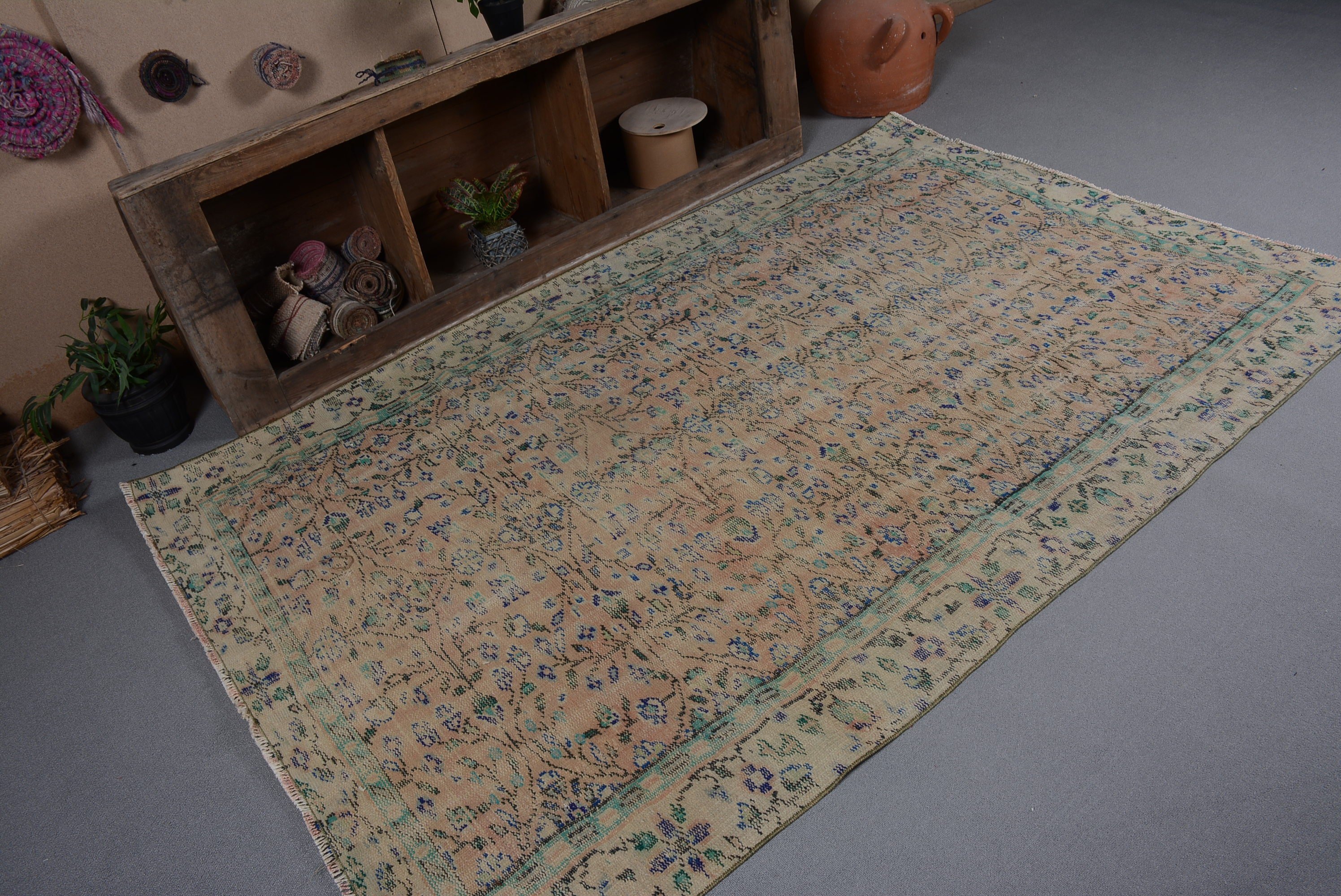 Vintage Halı, 5.1x7.9 ft Büyük Halı, Türk Halısı, Salon Halıları, Turuncu Ev Dekor Halısı, Oushak Halıları, Oturma Odası Halıları, Organik Halı