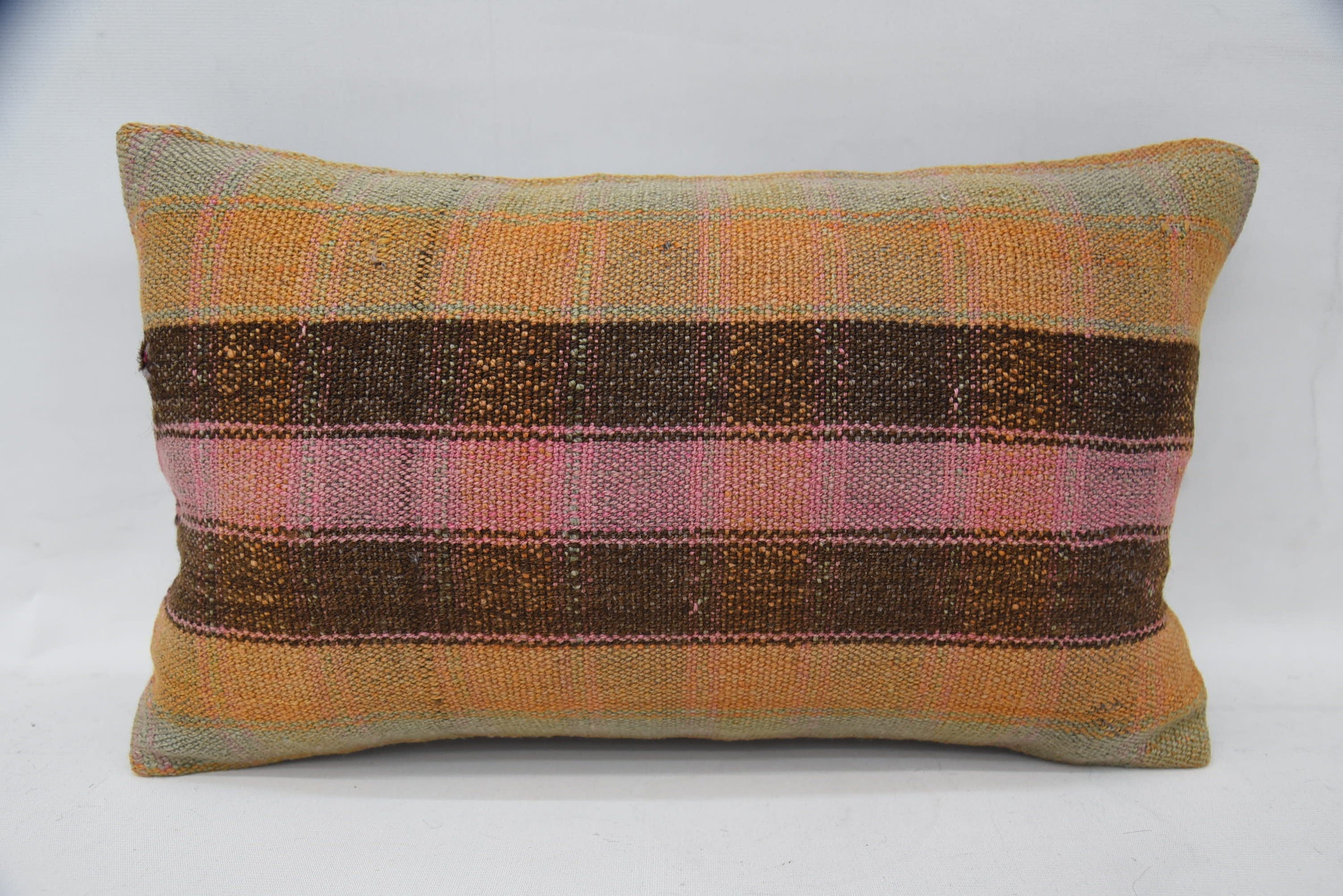 Handmade Kilim Cushion, 12"x20" Orange Cushion Cover, Turkish Pillow, Vintage Kilim Pillow, Southwestern Pillow