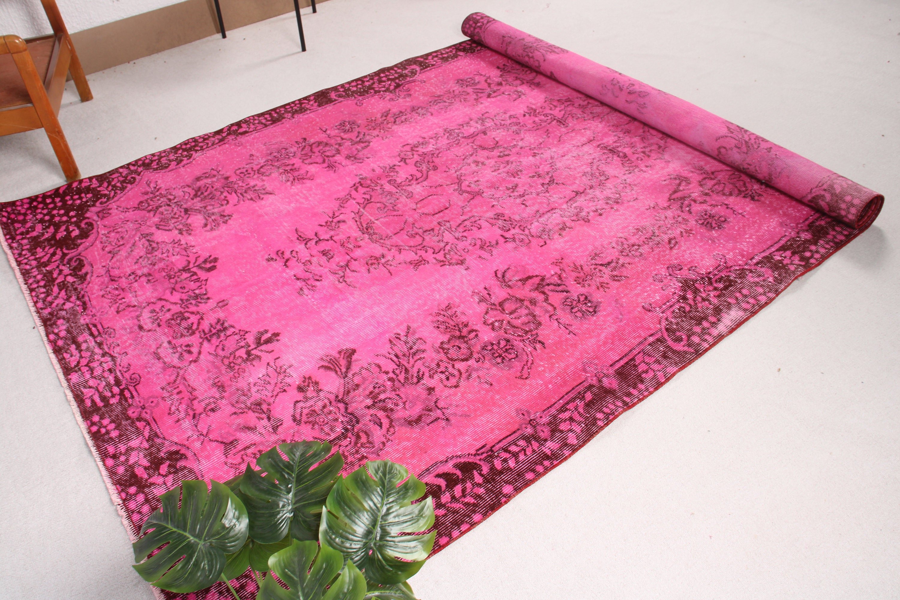 Oturma Odası Halısı, Pembe El Dokuma Halı, 5.8x9.5 ft Büyük Halı, Vintage Halı, Oushak Halı, Yemek Odası Halıları, Ev Dekor Halıları, Türk Halısı