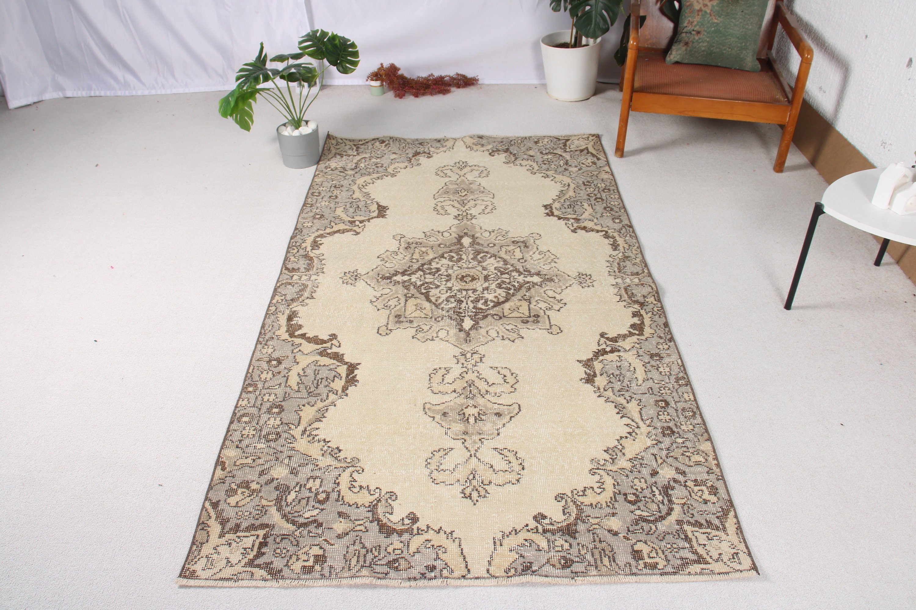 Bej Antika Halı, 3,8x6,9 ft Alan Halısı, Boho Halıları, Oturma Odası Halısı, Vintage Halılar, Türk Halısı, Nötr Halılar, İç Mekan Halıları, Tribal Halılar